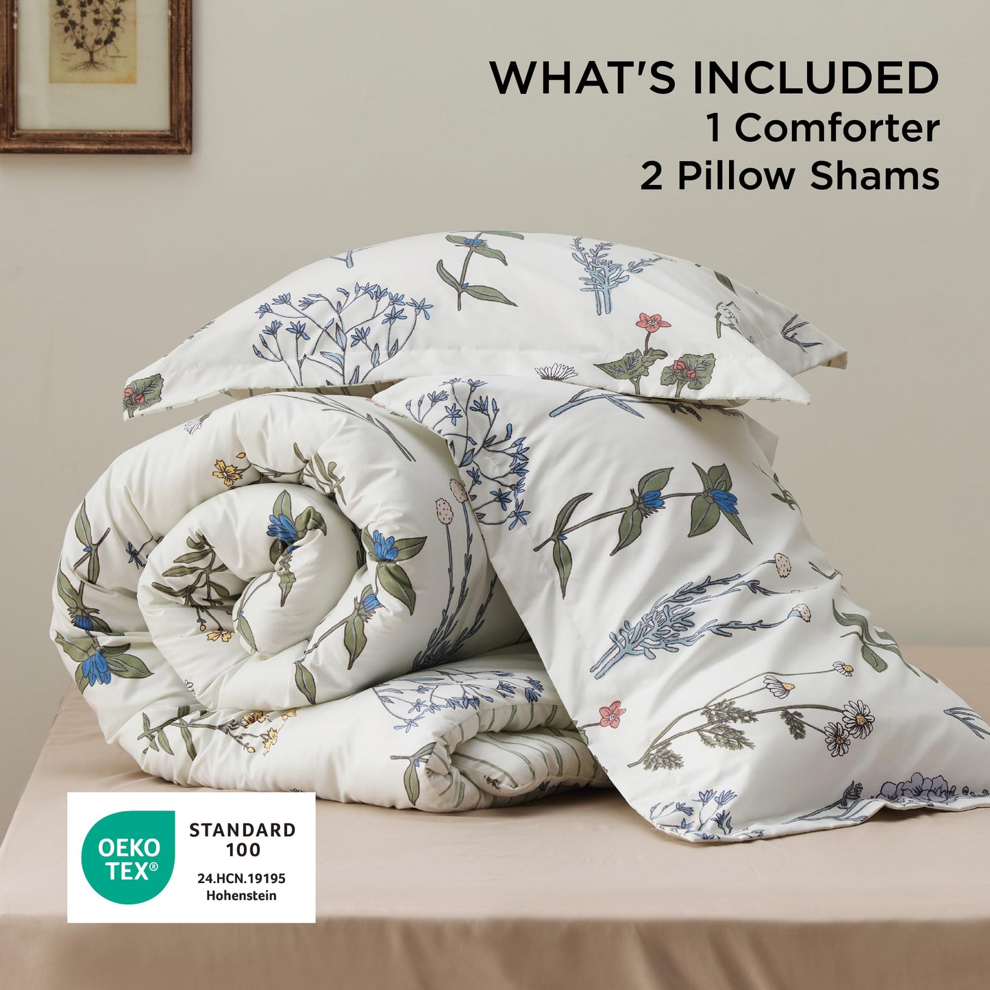 Bedsure Floral Queen Comforter Set – White Comforter, Reversible 3-Piece Bedding Set, Coconut White Botanical Print & Green Striped Pattern, Coquette Aesthetic for Women Girls