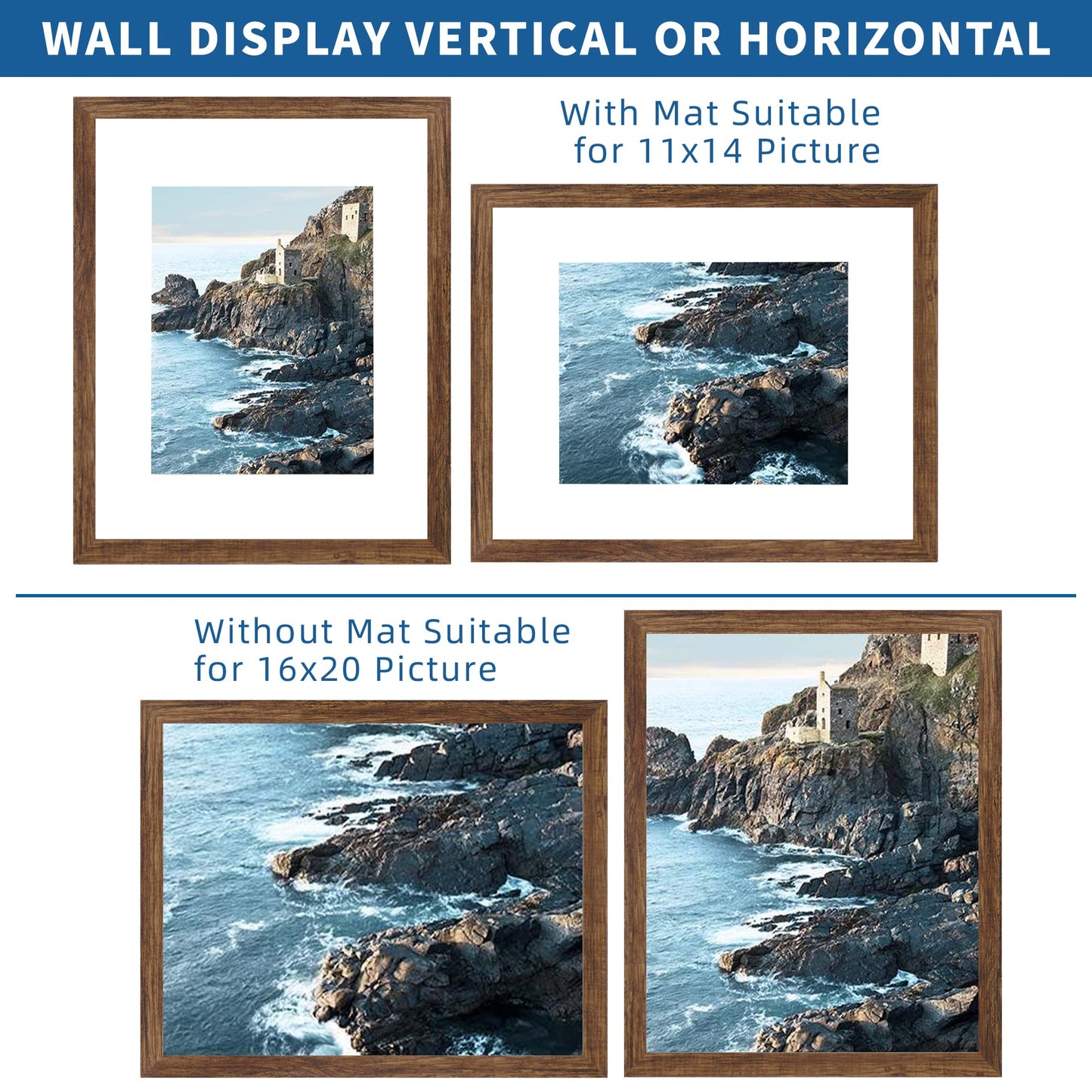 Hongkee 16x20 Frames Set of 2, Rustic Brown Wood Style - Display 16 x 20 Picture without Mat or 11x14 Picture with Mat, Wall Mounting Horizontal and Vertical