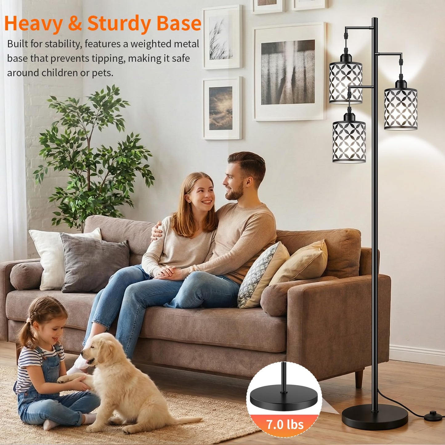 GHOOCEMLUX Dimmable Floor Lamp, Farmhouse Standing Lamp with Elegant Metal Cage, Industrial Tall Tree Floor Lamps for Living Room, Bedroom, Study Room, Office, 3 x 800LM LED Bulbs Included, 72", Black