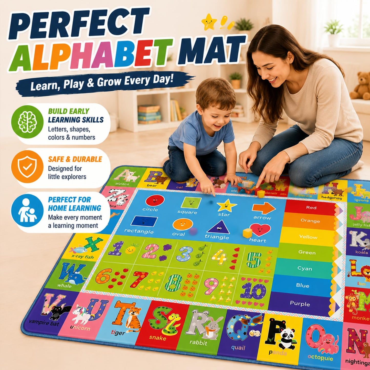 ABC Carpet,Kids Carpet for Playroom, Classroom Floor Play Mat for Kids,Preschool Rugs wtih ABC, Numbers, Animals, Extra Large Thick (78.7X59 Inch)