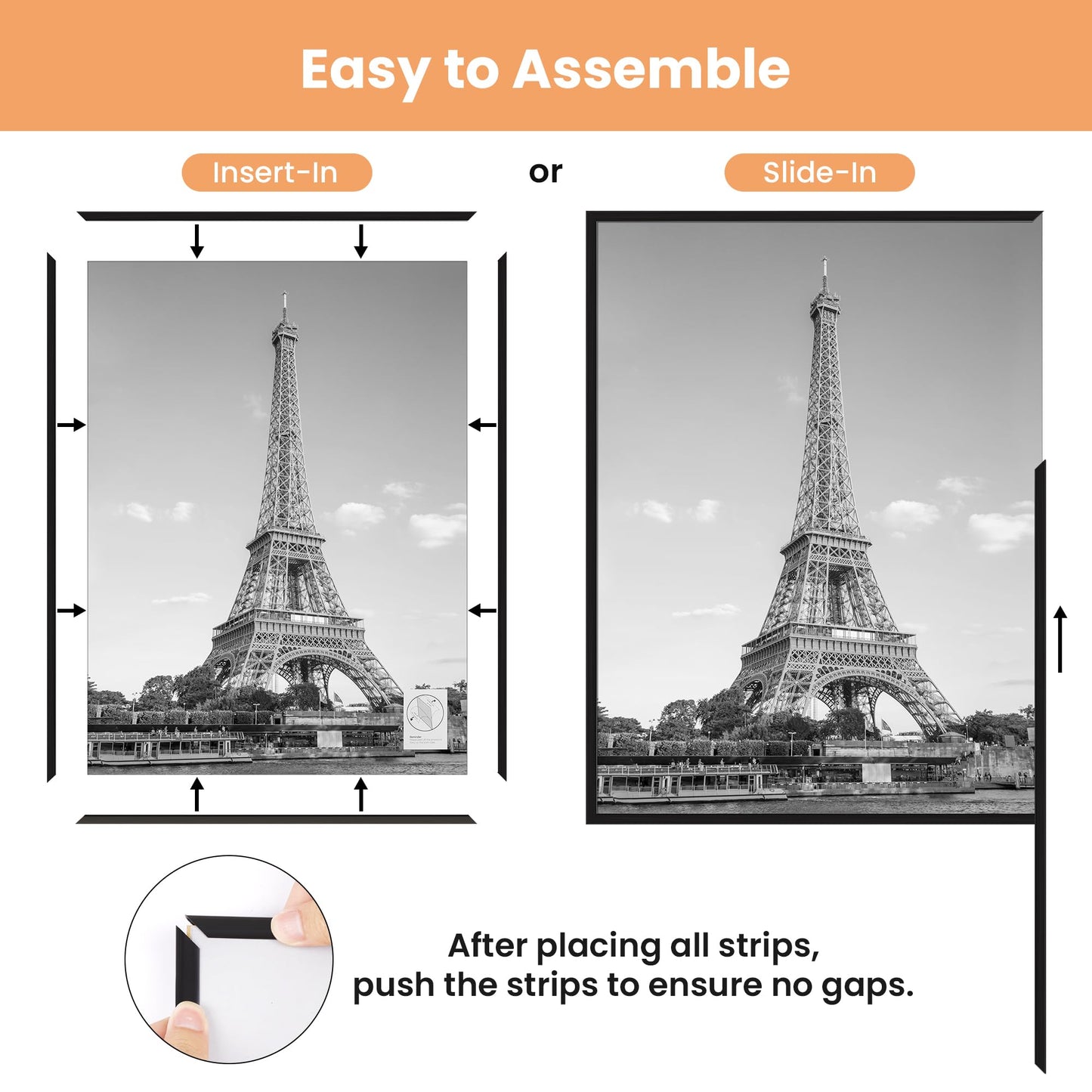 upsimples 18x24 Picture Frame Black 3 Pack, Scratch-Proof Poster Frames 18 x 24 for Photo Gallery - Slide-In Strips, Horizontal or Vertical Wall Mounting