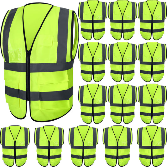 15 Pack Reflective Safety Vests with Pockets and Zipper Construction Work High Visibility Vest for Men Women(X-Large,Fluorescent Green)