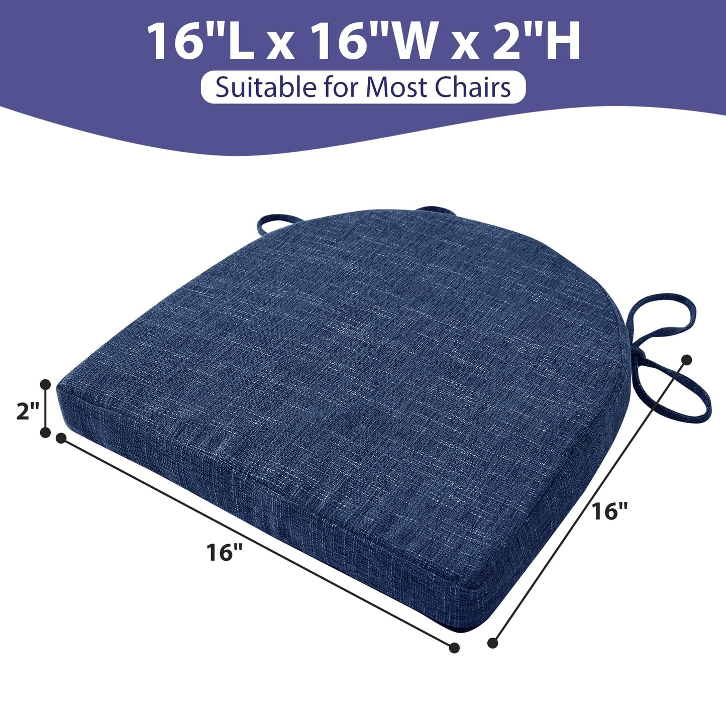 IPYNBAP Chair Cushions for Dining Chairs, Kitchen Chair Cushions, 16'' x 16'' x 2'', Non Slip Indoor Seat Cushions, Chair Pads for Dining Chairs with Ties & Removable Cover, Set of 4, Navy