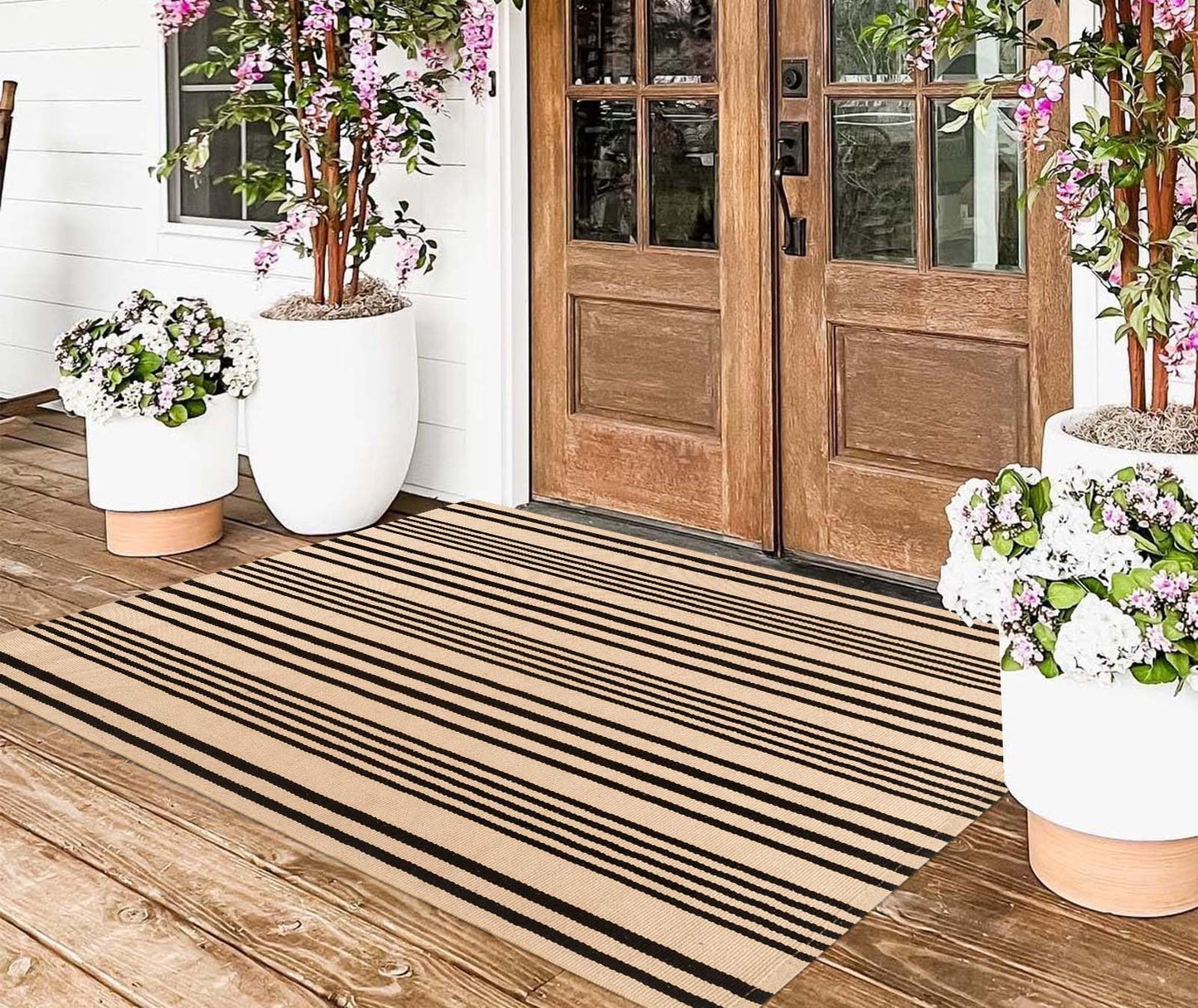 BUAGETUP Outdoor Rug 3'x 5',Tan Striped Washable Area Rug Hand-Woven Cotton Rug Indoor/Outdoor Area Rug Floor Mat for Farmhouse Living Room Bedroom