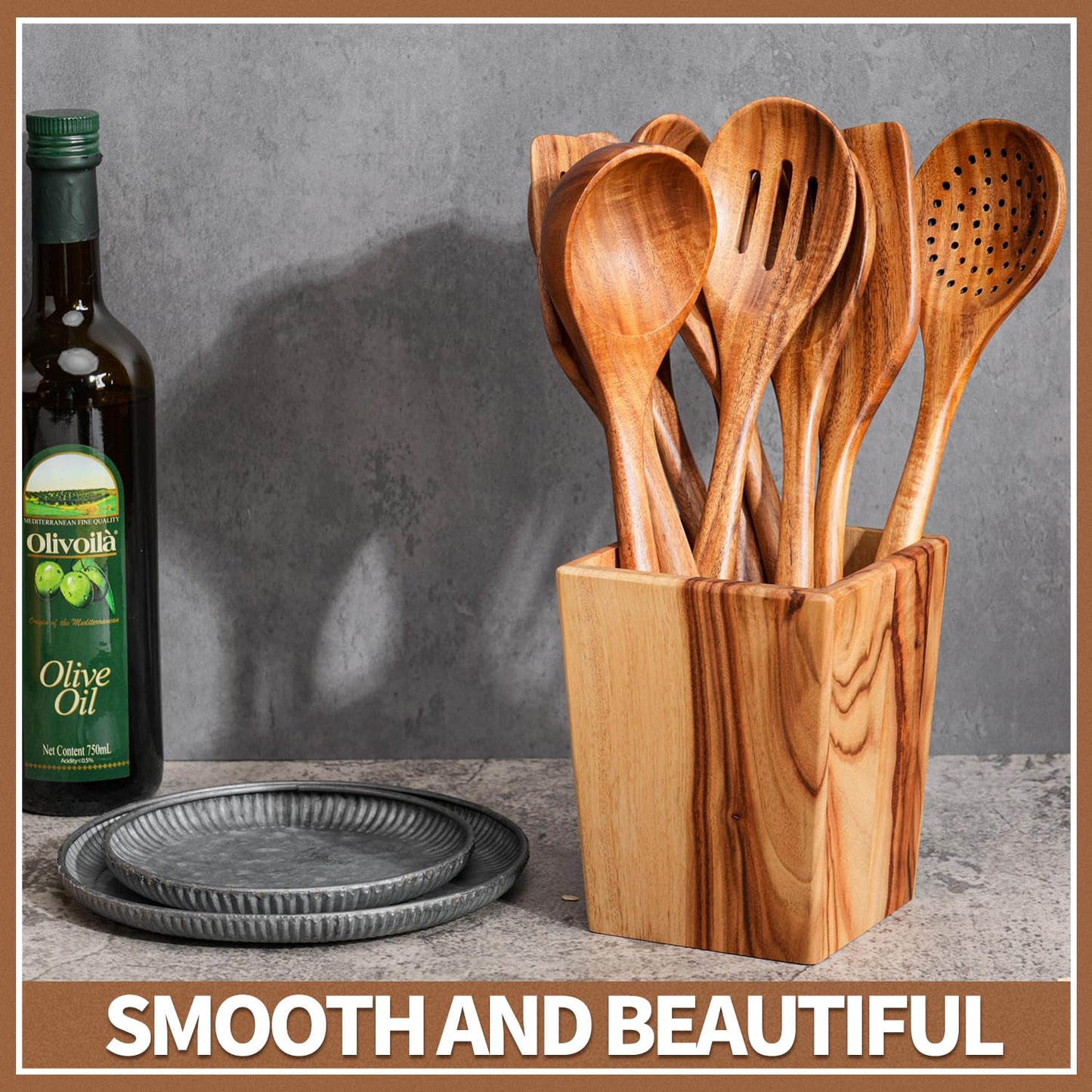 Gudamaye 13 inch Long Wooden Spoons for Cooking, 9 PCS Natural Teak Wooden Kitchen Utensil Set with Utensils Holder Made of Australia Camphor Laurel Wood，Wooden Utensils for Cooking