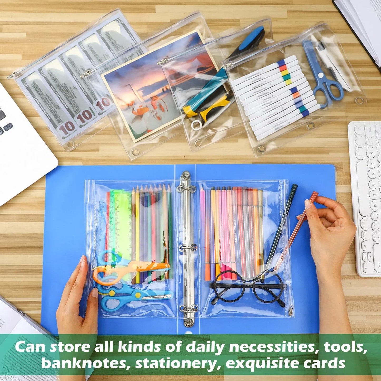 Lincia 48 Pack Clear Pencil Pouch for 3 Ring Binder Pencil Case with Zipper 3 Ring Binder Pocket Insert Bag 10 x 7'' Visible Cash Envelope with Re-enforced Grommet for Office (Clear)