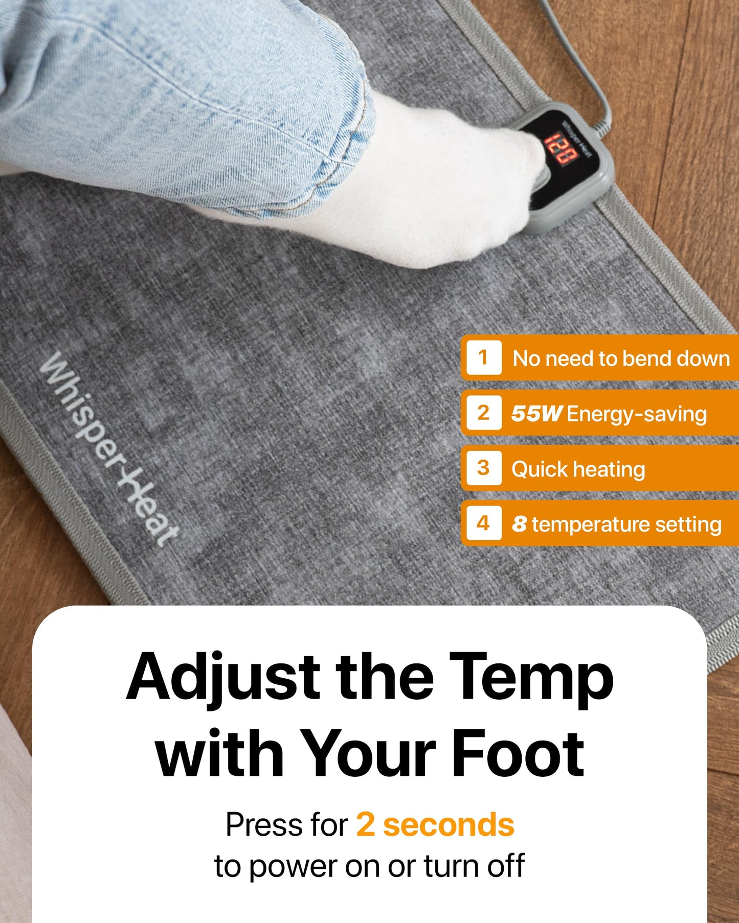 WhisperHeat™ Heated Floor Mat – Electric Tap-to-Activate Foot & Floor Warmer- Silent, Energy-Efficient Underfoot Heating Mat