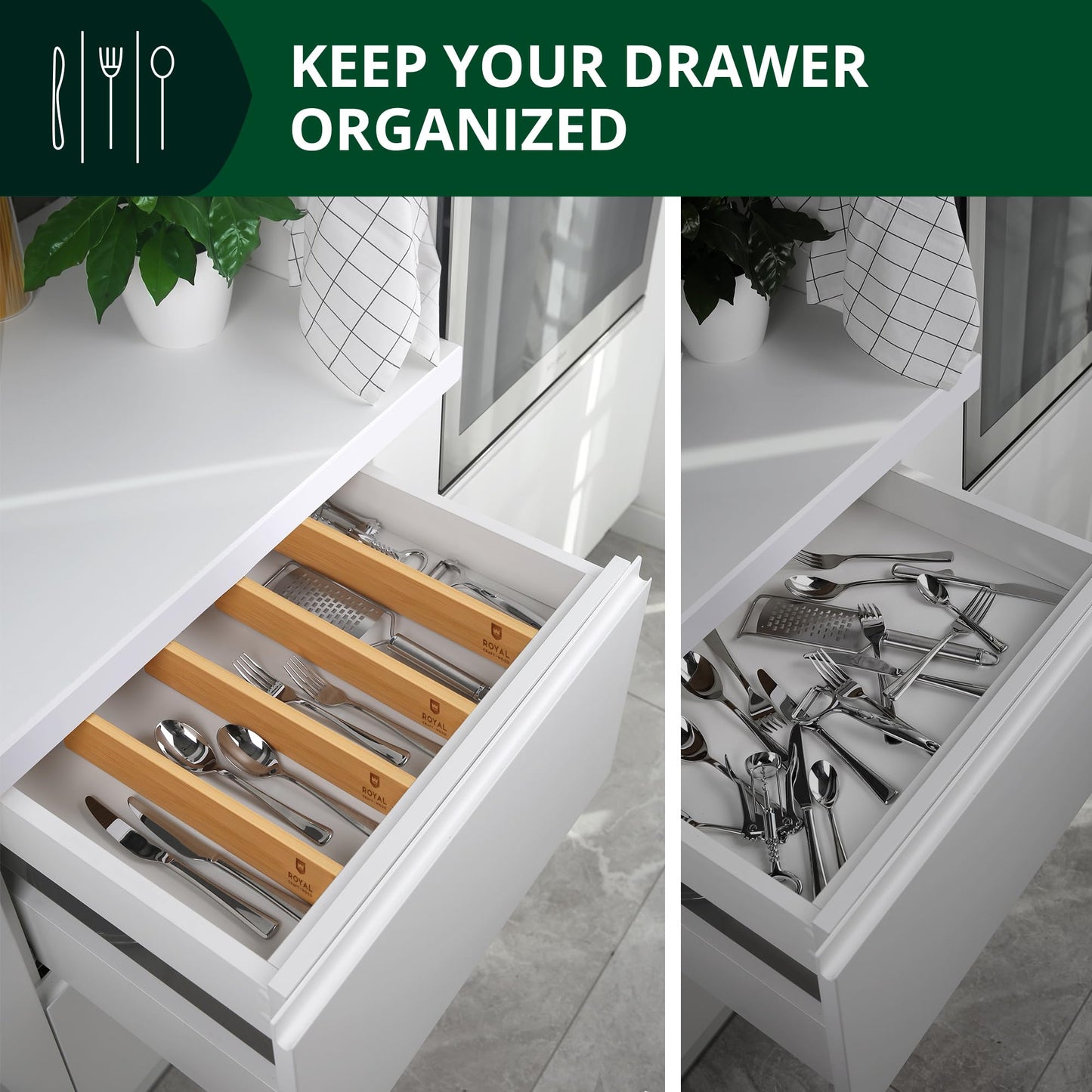Bamboo Drawer Dividers Organizers, Adjustable Drawer Separator Splitters, 17–22 Inches Expandable Drawer Divider Organizer for Large Utensils, Kitchen, Bedroom, Dresser & Office Drawers 4-Pack