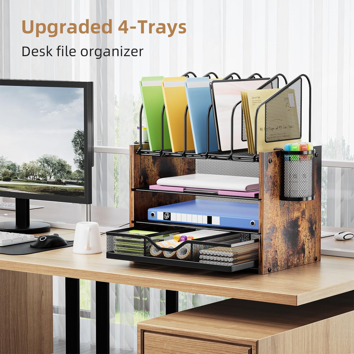 Marbrasse Desk Organizer with Drawer, 4-Tier Wooden File Organizer with 5 Vertical File Holders and 2 Pen Holders, Desk Organizers and Accessories for Home Office - Dark Brown