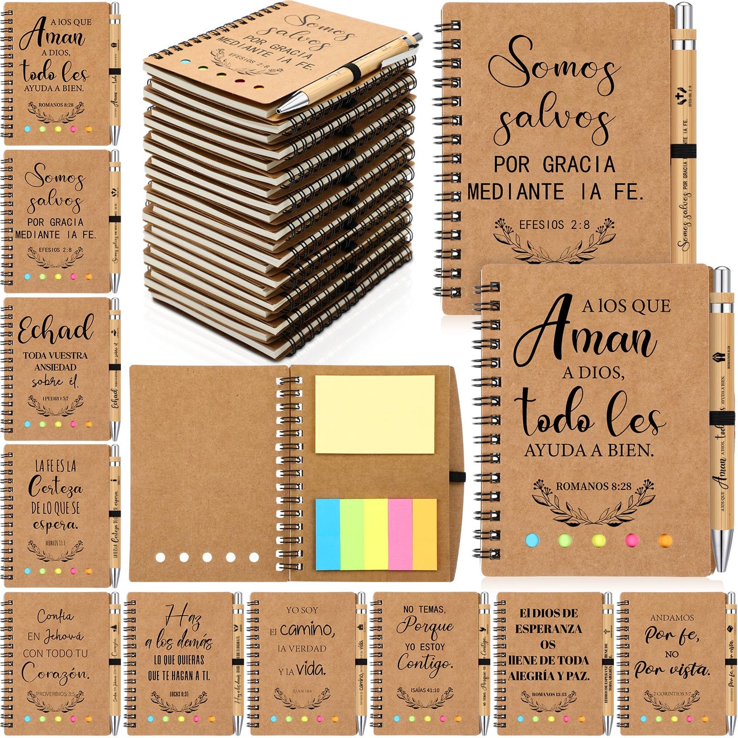 Resurhang 20 Set Spanish Christian Gifts Bulk for Father Religious Notebooks with Bible Verse Pen, Inspirational Spiral Prayer Journal Notepad Church Gifts for Women Men Sunday School (Brown)