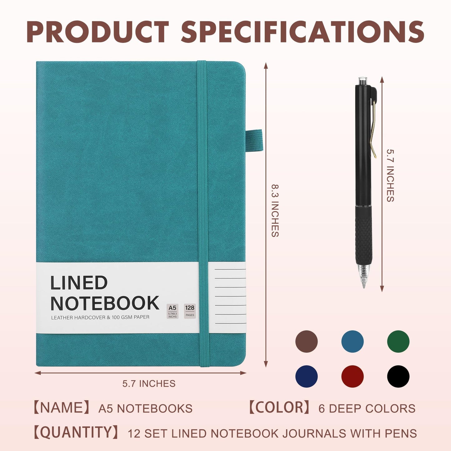 Aodaer 12 Set Lined Notebook Journals with Pens A5 Notebooks 100 GSM College Ruled Hardcover Notebook PU Leather Notepad with Pen Holder for Office School, 5.7 x 8.3 Inches, Deep Multicolor