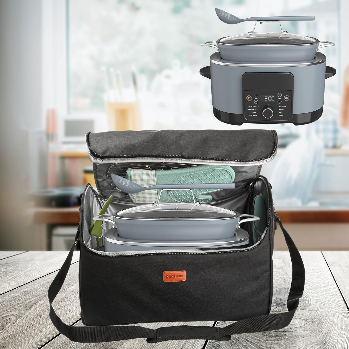 CROTIRAD Carrying Bag Fits Ninja Slow Cooker with Bottom Pad, Bag with Shoulder Strap Compatible with Ninja Foodi Possible Cooker Pro MC1001, MC1010, MC1000, Black
