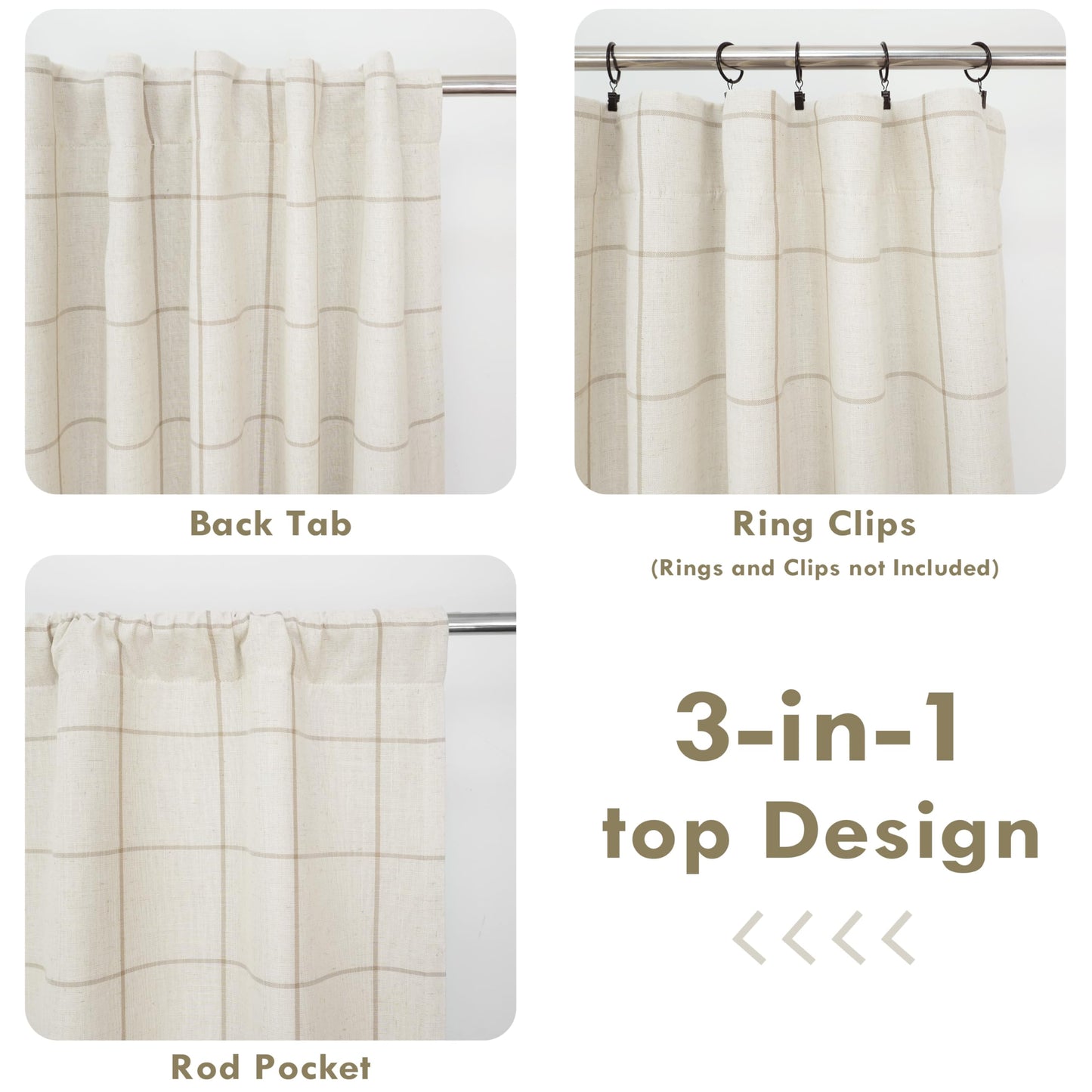 DriftAway 100% Blackout Windowpane Plaid Linen Curtains Double Layer Farmhouse Drapes 84 Inches Long for Living Room Bedroom Yarn Dyed Woven Thermal Insulated Rod Pocket Back Tab 2 Panels Taupe