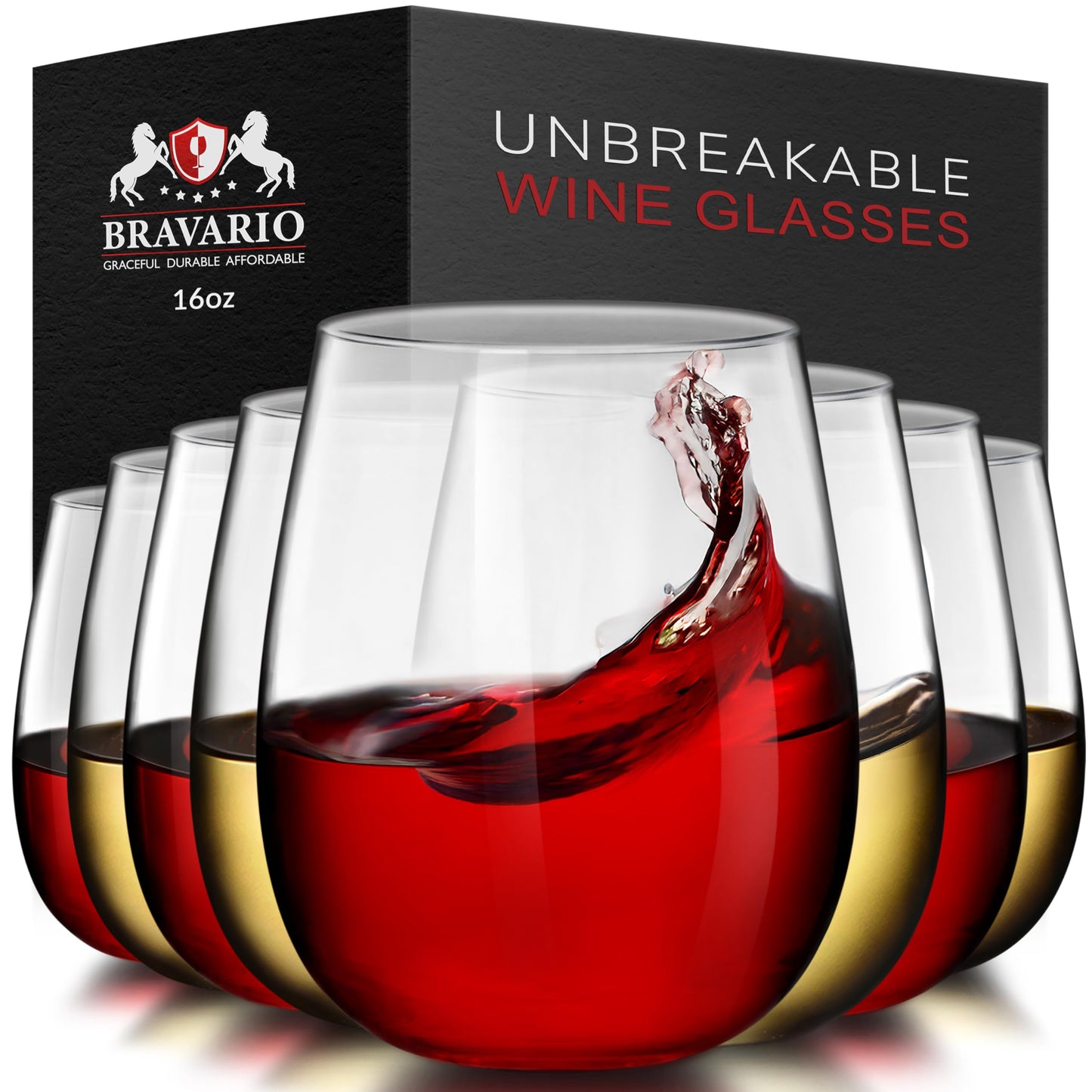 Bravario Unbreakable Stemless Plastic Wine Glasses | Reusable | Shatterproof 100% Tritan Plastic | Dishwasher-Safe | BPA-free | Awesome for Indoor & Outdoor | 16 oz, Set of 8