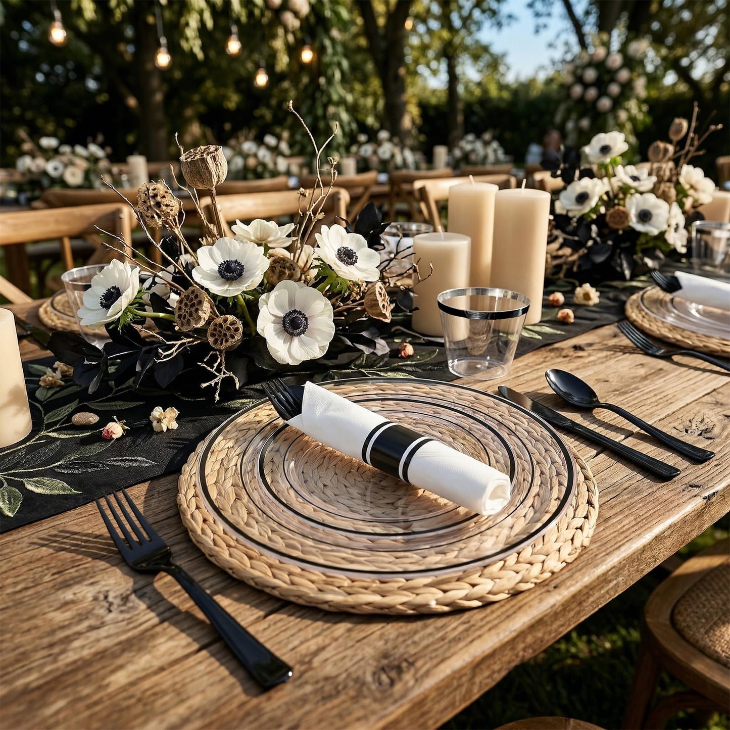 I00000 350 Pcs Black Plastic Dinnerware Set for 50 Guests Include: 50 Dinner Plates, 50 Dessert Plates, 50 Pre Rolled Napkins with Cutlery Set, 50 Cups for Birthday, Wedding Party Graduation