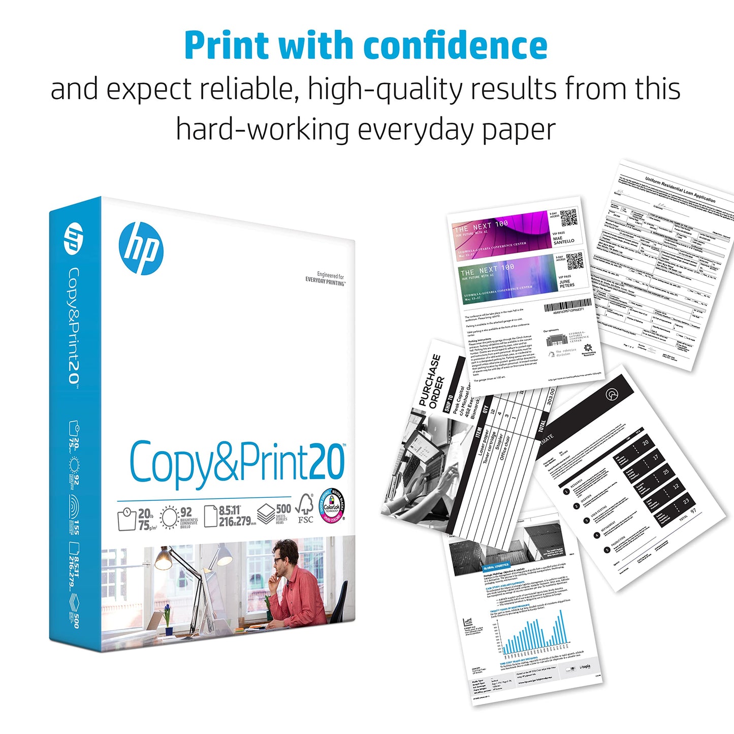 HP Printer Papers | 8.5 x 11 Paper | Copy &Print 20 lb| 6 Pack Case - 2,400 Sheets | 92 Bright | FSC Certified | 200010C