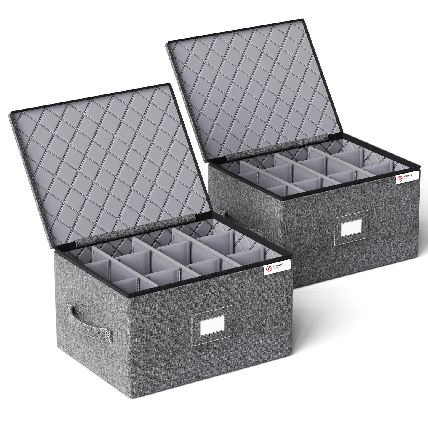 YearningHome 2 Pack Wine Glass Storage Box with Dividers,Stemware Storage Cases with Sturdy Handle and Hard Shell for Glassware Crystal Storage,Transport and Moving,Holds 12,Grey
