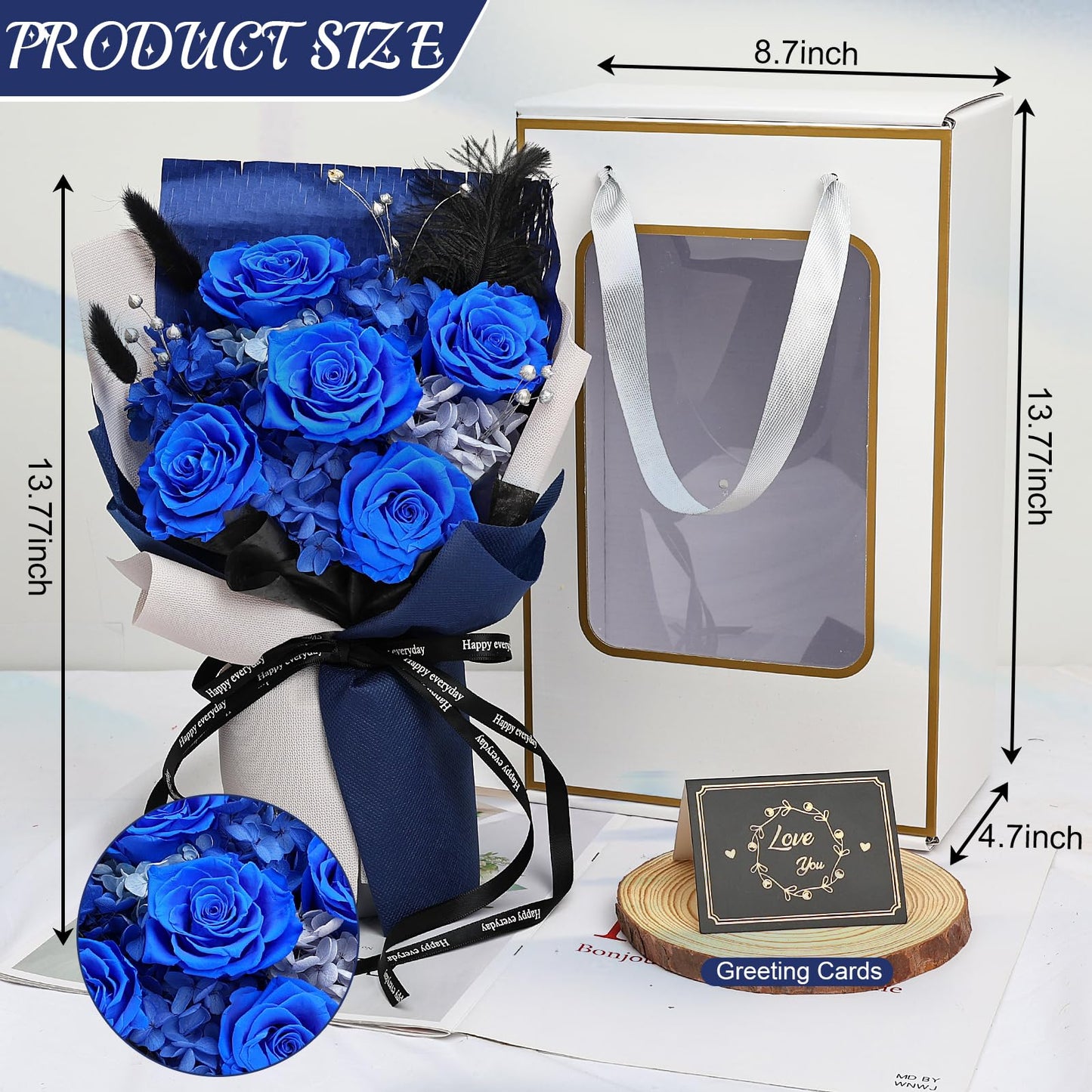 Tobilu Graduation Flowers Bouquet - Father Day Gifts Royal Blue Real Eternal Preserved Roses with Gift Box Card for Women Men Wife Birthday Anniversary Valentine