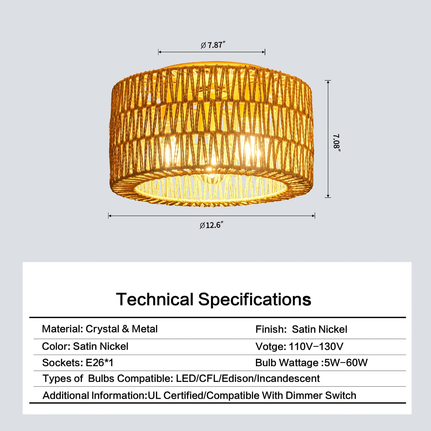 Rattan Ceiling Light Fixture, 3 Light Bohemian Modern Woven Ceiling Light, Boho Flush Mount Ceiling Light for Bedroom Living Room Dining Room, Bulb NOT Included