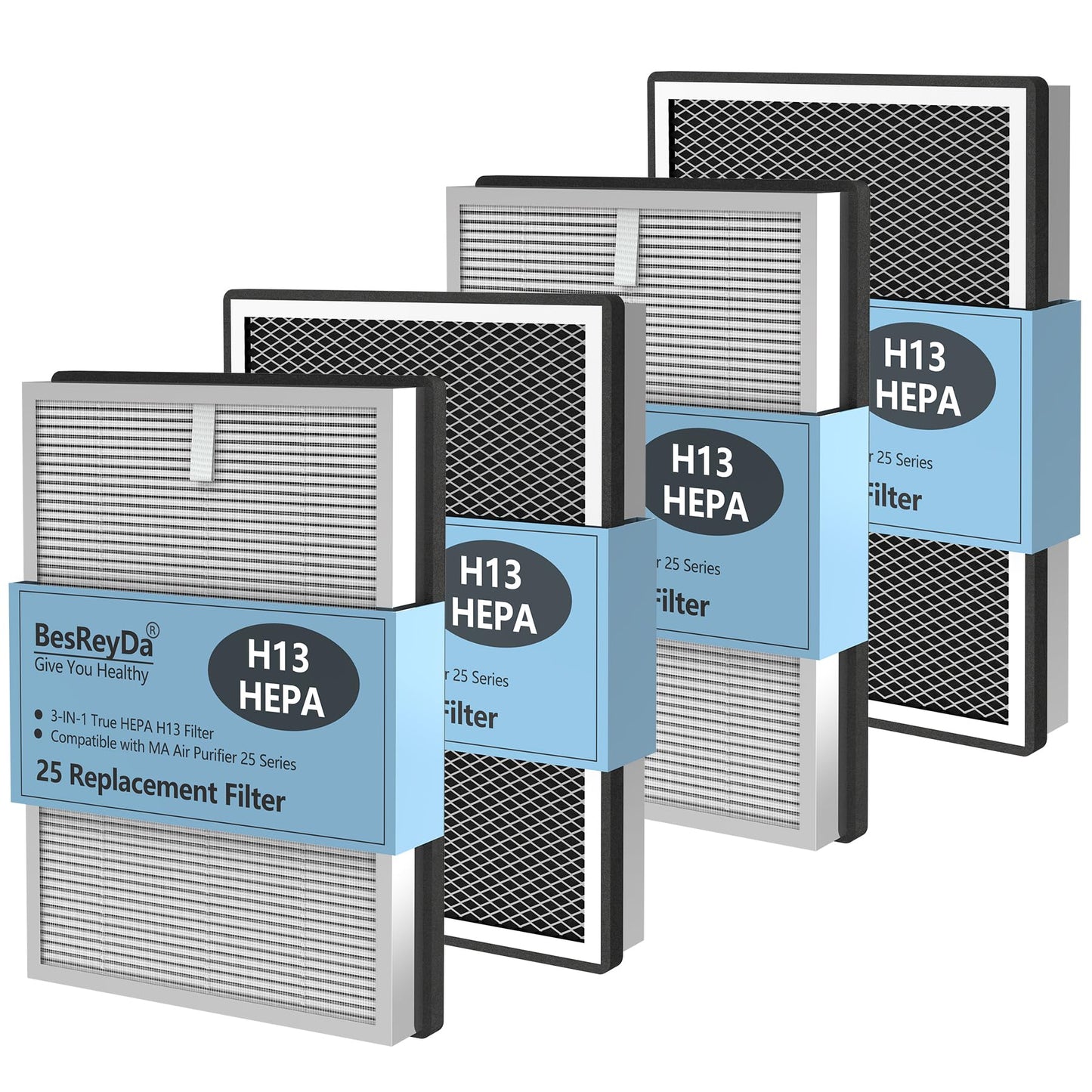 BesReyDa 4 Pack 25 Replacement Filters Compatible with MA Series 25 B1/S1/W1 Air Purifier, 3-in-1 True Hepa and Activated Carbon Filter
