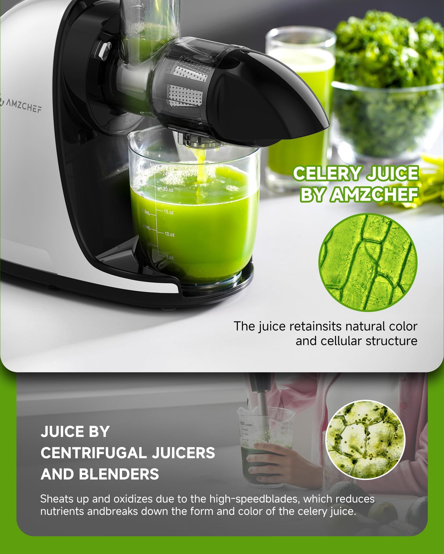 Juicer Machines - AMZCHEF Cold Press Masticating Juicer whole Fruit and Vegetable - Delicate Chew No Need to Filter - BPA Free Juice Extractor with 2 Cups and Brush- Pear White