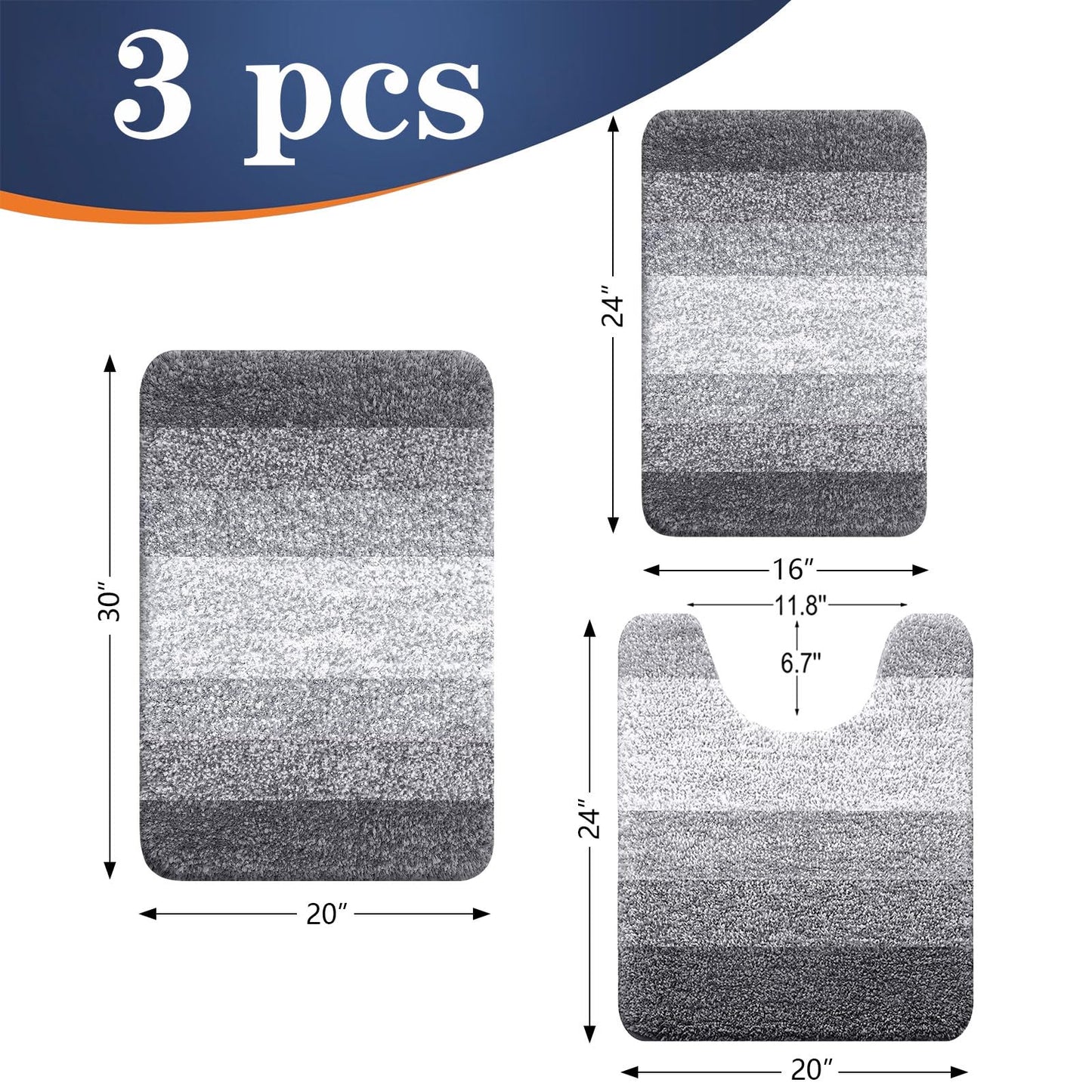 OLANLY Bathroom Rugs Sets 3 Piece, Soft Absorbent Microfiber Bath Mats and U-Shaped Contour Toilet Rug, Machine Wash Dry, Plush Shaggy Bath Mat Set for Bathroom (30"x20"+24"x16"+24"x20", Grey)