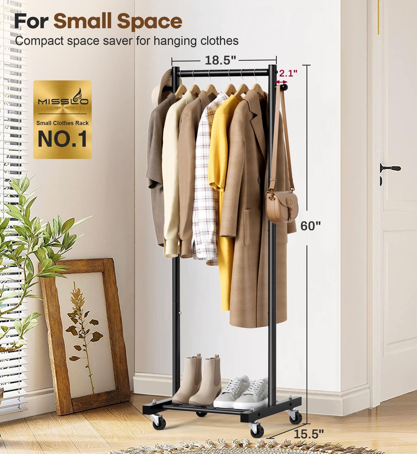 MISSLO Small Clothes Racks for Hanging Clothes Clothing Rack with Wheels 60" Metal Garment Rack with Shelves Portable Rolling Wardrobe Rack for Small Space, Black