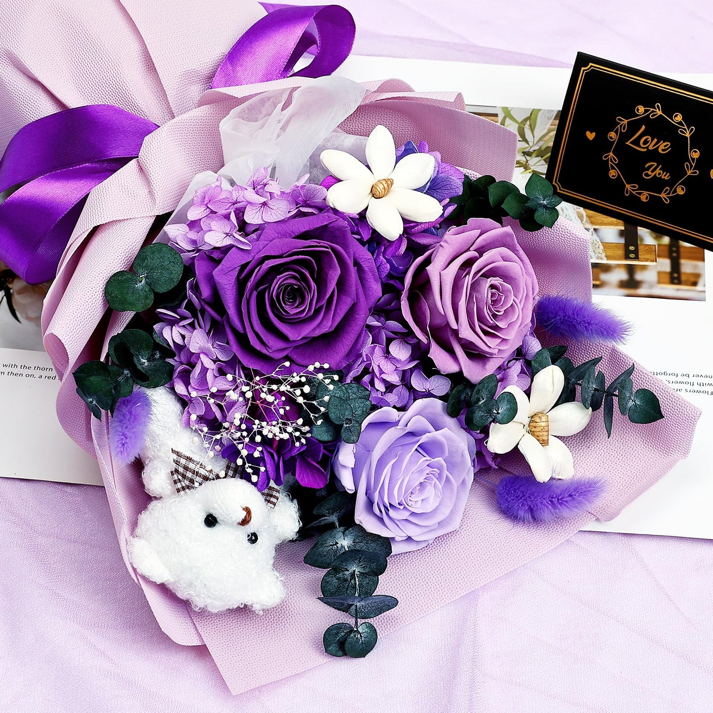 Tobilu Preserved Flowers Bouquet Graduation - Purple Forever Roses with Bear for Graduation Gifts, Anniversary, Birthday, Valentine for Mom Grandma Women Wife - Purple