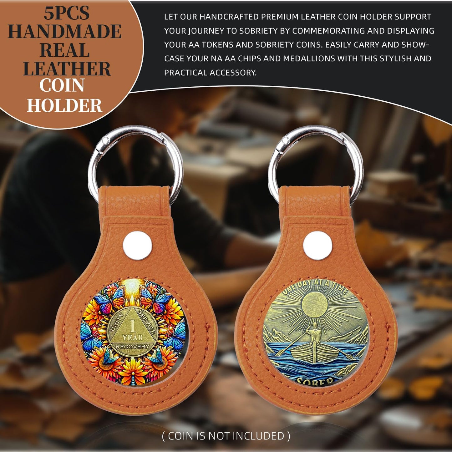 IELCJJ 5PCS Premium Leather Coin Holder - Handmade Sobriety AA Coins Chip Keychain - Displays Both Sides of Sober Token Medallion Pet Challenge Coin - Brown Waterproof Scratchproof Soft PVC Key Ring