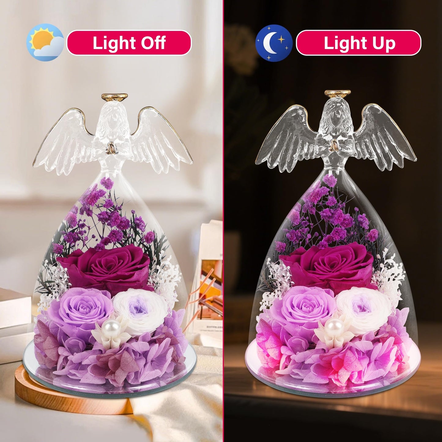 YOFIT Gifts for Women Mom Mother's Day-Preserved Roses in Glass Angel Figurine, Forever Fresh Flowers for Her Grandma, Gifts for Valentines Birthday (Purple, Lights)