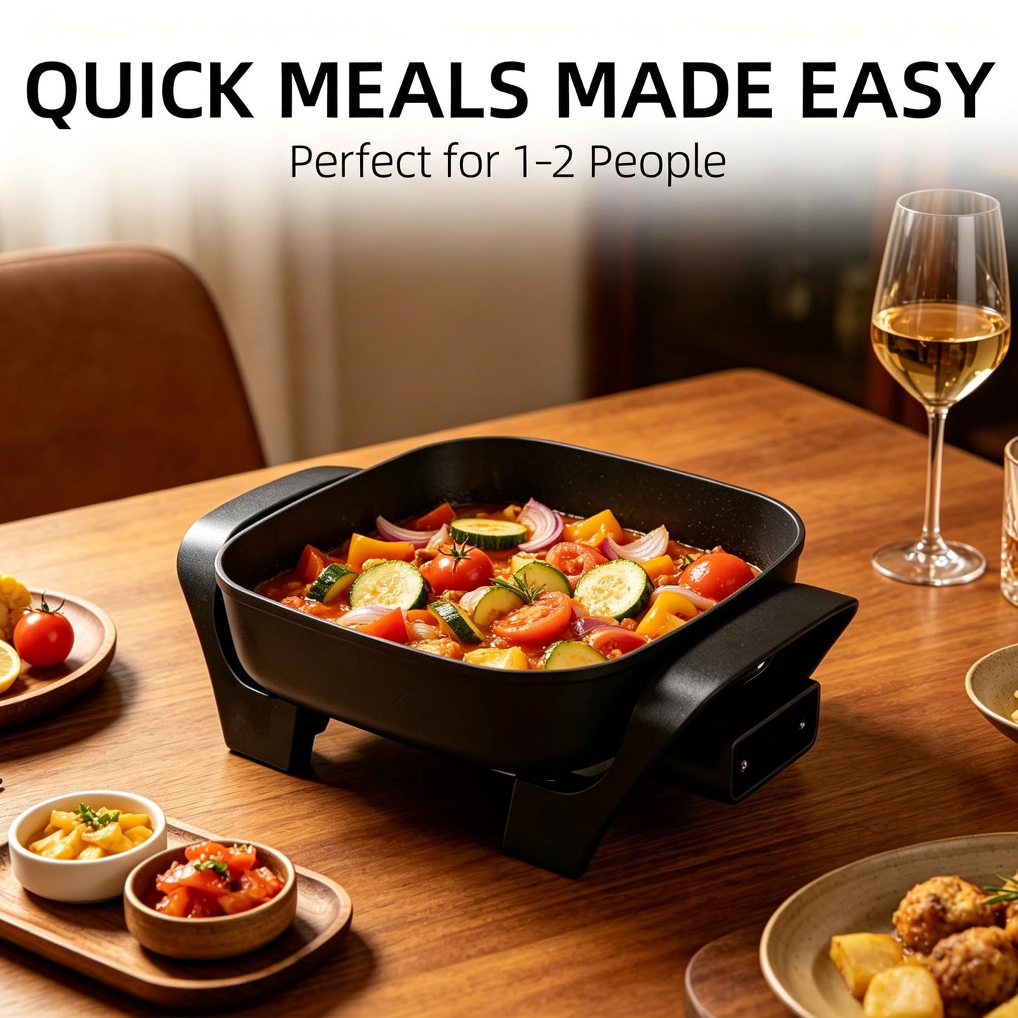 I-Keukenn 8" Electric Skillet with PFAS-Free Non-Stick Ceramic Coating, Removable Electric Frying Pan with Adjustable Temperature, Reversible Design, Tempered Glass Lid, Black
