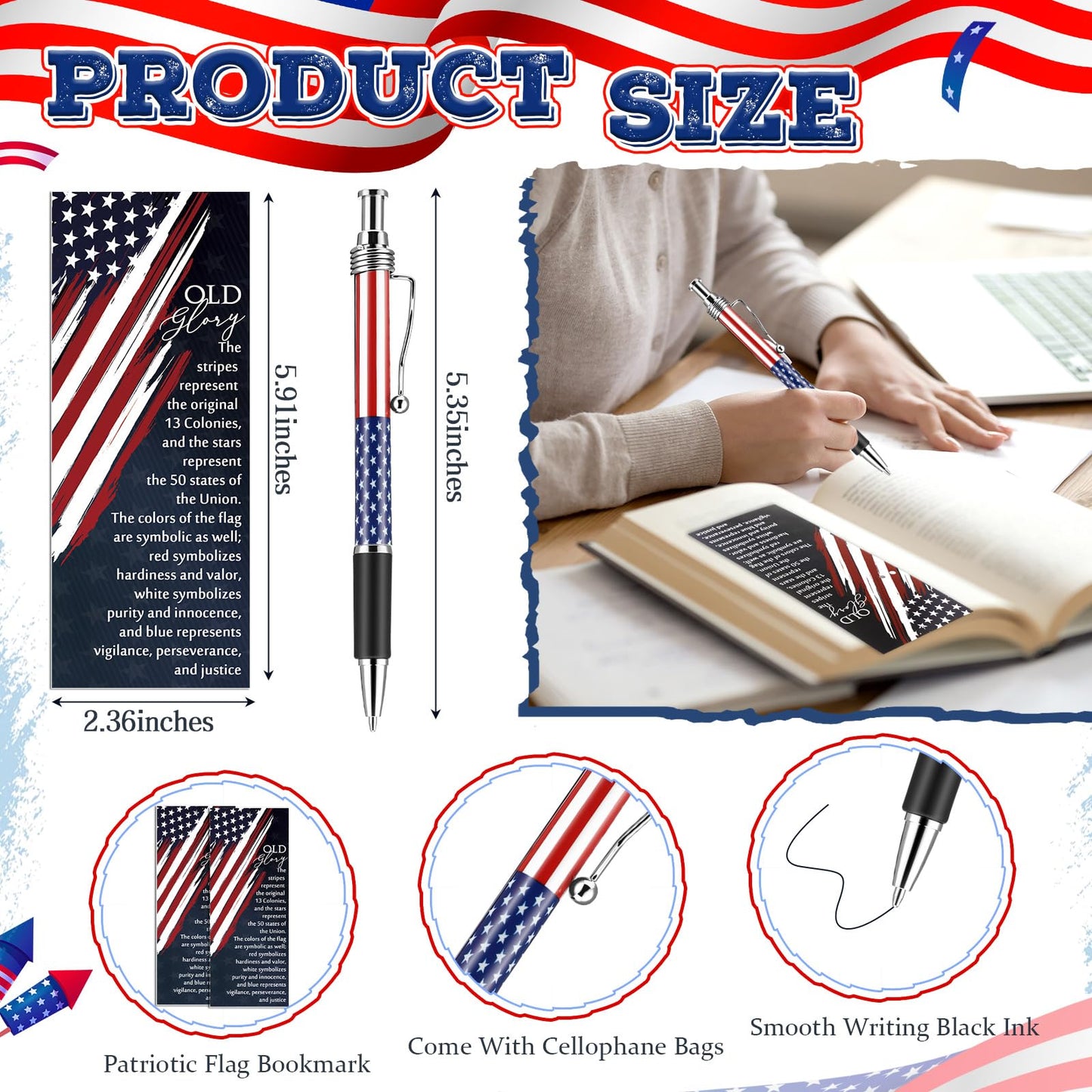 Sayglossy 180 Pcs Memorial Day 250th Anniversary Ballpoint Pen Rope Bracelets and Star Stripe Bookmarks Military Appreciation for Army Veterans Patriotic Party Independence Day Accessories (Old Glory)