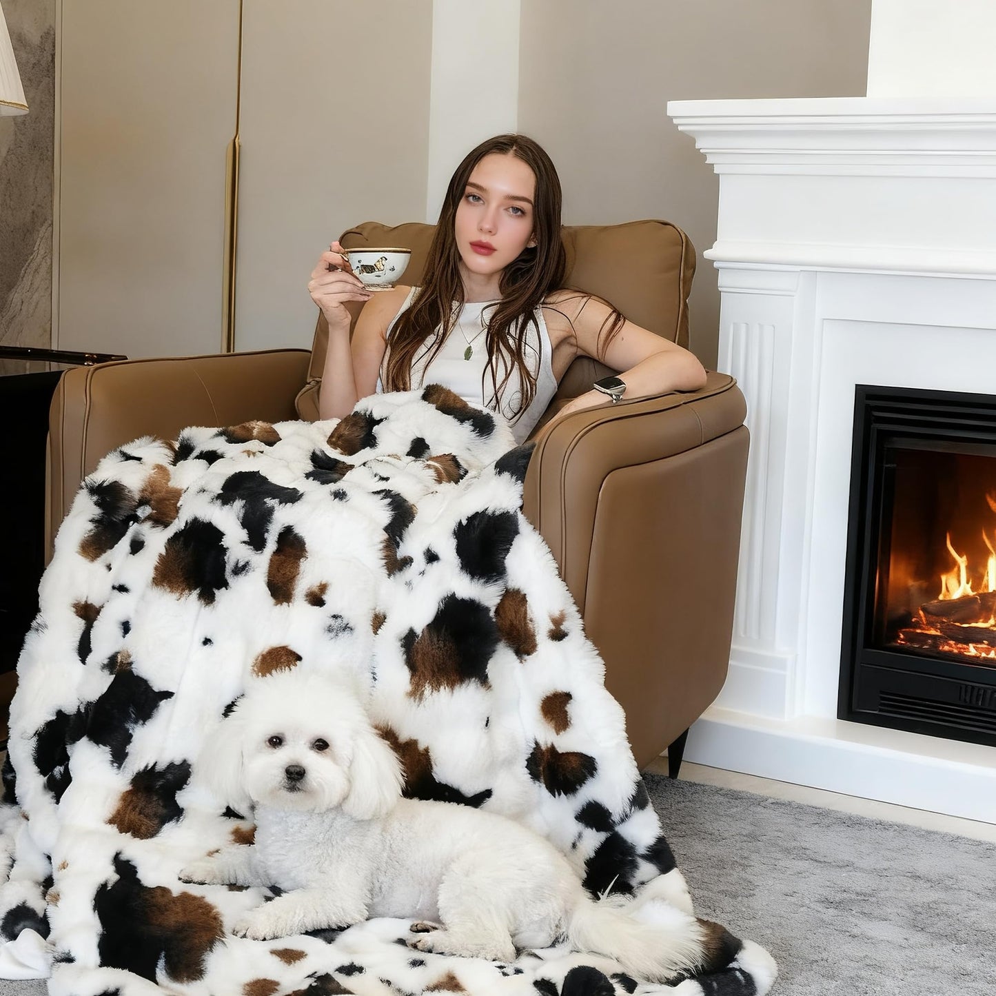 Cow Print Faux Fur Throw Blanket for Couch – 1000GSM Soft & Fluffy Cow Blanket for Bed, Sofa & Living Room, Warm Cozy Cow Gift for Women, 50x60 Inches Black to White Ombre with Brown Undertones