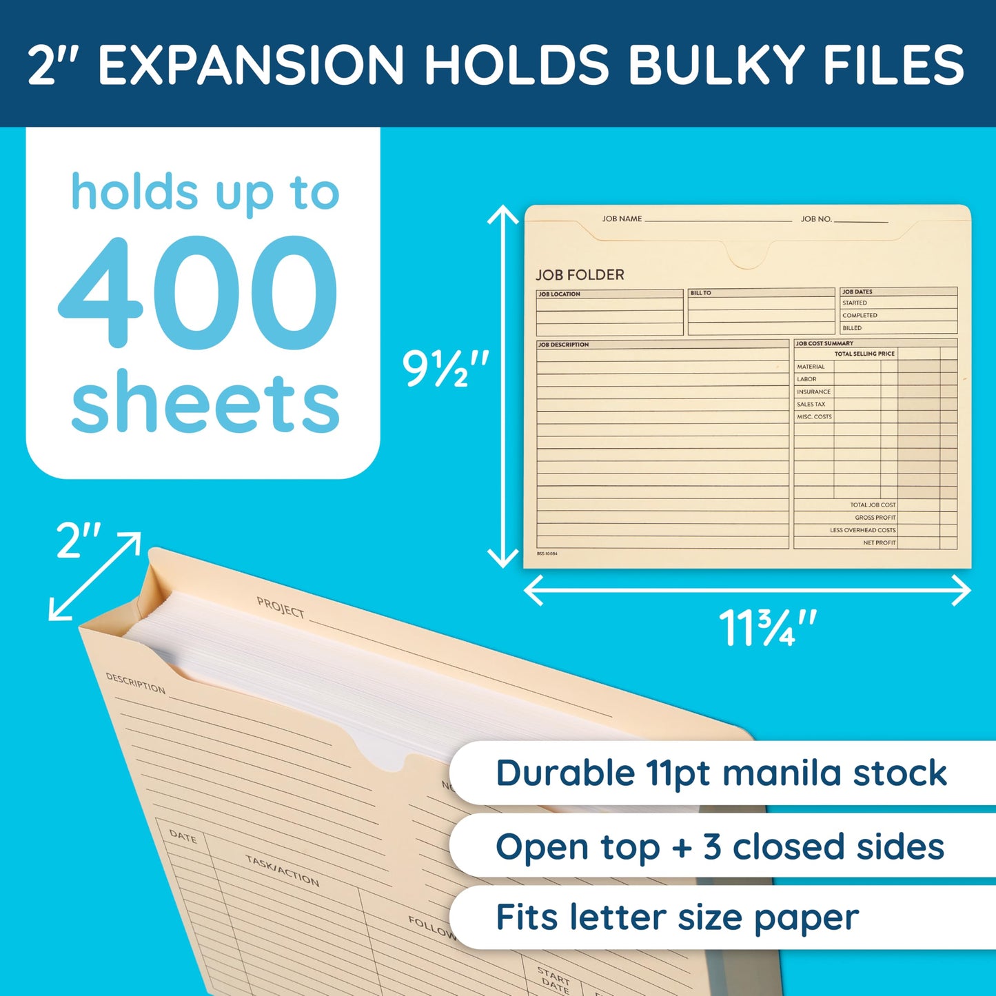 Blue Summit Supplies 50 Project File Folders, Reinforced Straight Cut Tab, 2 Inch Expansion Pocket, Preprinted Project Management Folder Design, Letter Size, Manila, 50 Pack