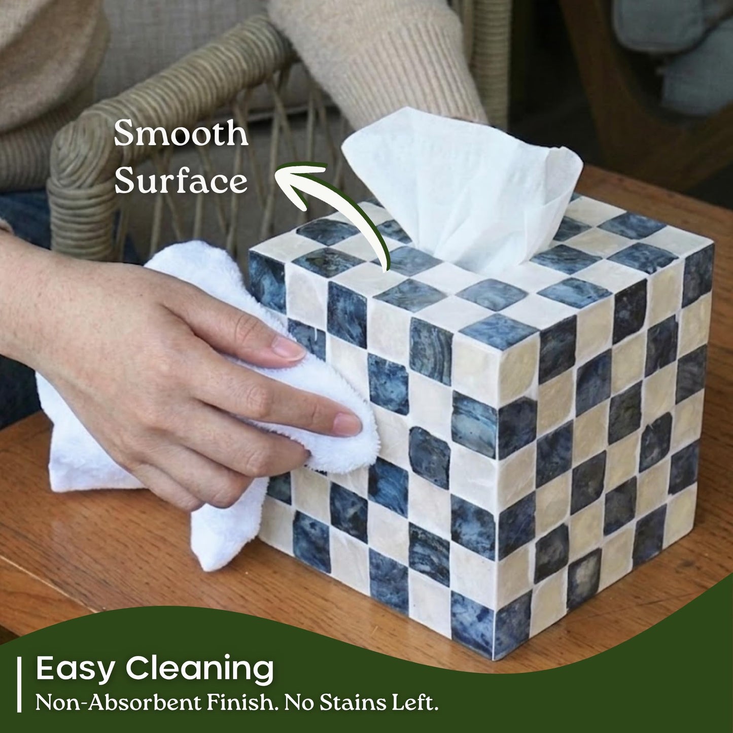 CHI AN HOME 5.7" Square Tissue Box Cover, Handmade Checkered Cube Tissue Box Cover with Capiz Shells, Decorative Mother of Pearl Tissue Holder for Living Room, Bathroom, Bedroom or Office (Navy Blue)