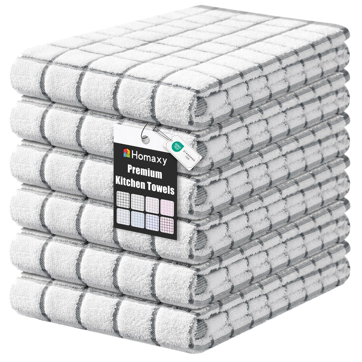 Homaxy Premium Kitchen Towels(16”x 28”, 6 Pack), Large Ring Spun Cotton Dish Towels, Super Absorbent Soft Terry Kitchen Hand Towels, Check Design Tea Towel Set with Hanging Loop, Grey
