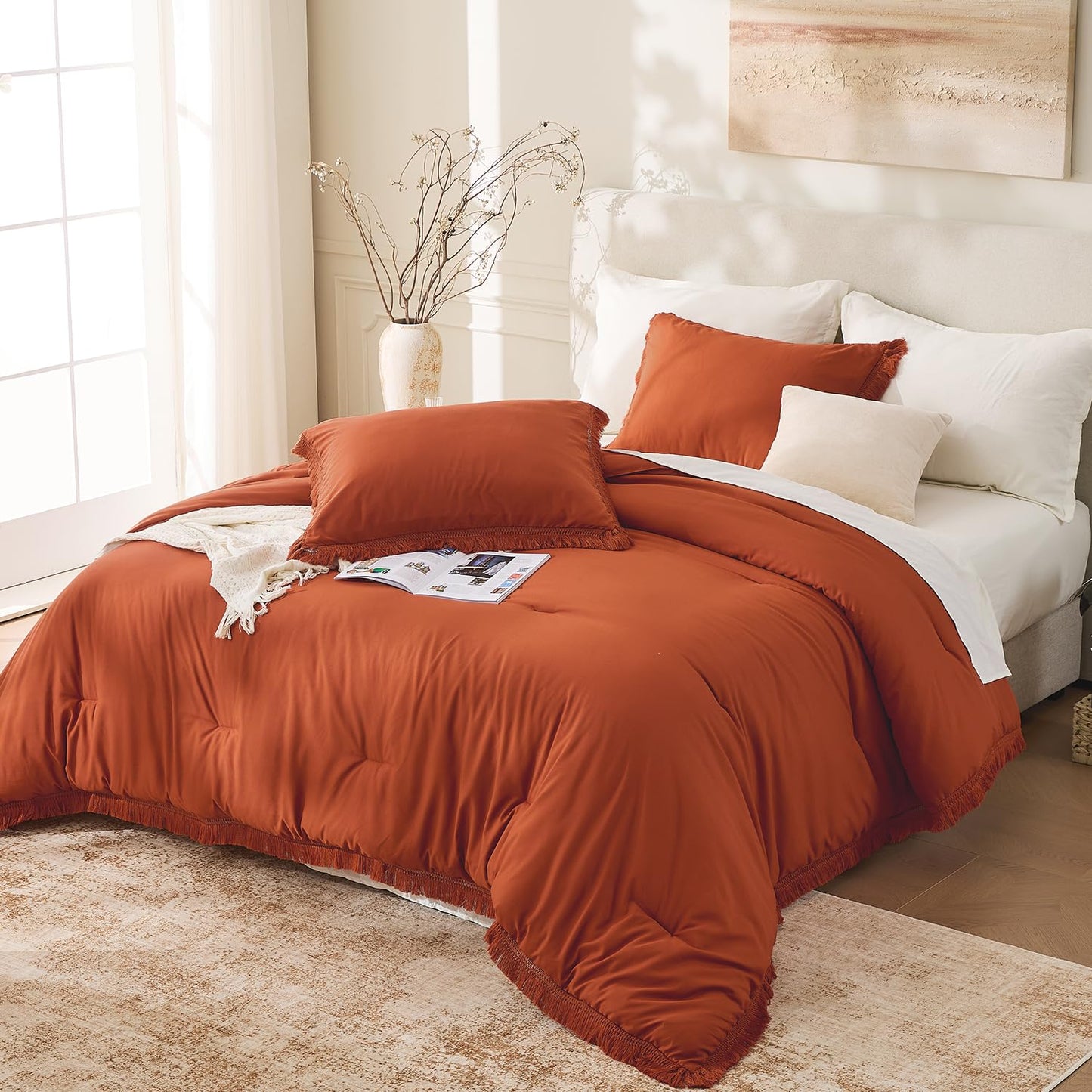 Andency King Size Comforter Set Burnt Orange, 3 Pieces Boho Terracotta Soft Lightweight Bedding Comforter Sets, Rust Tassel All Season Bed Set (104x90In Comforter & 2 Pillowcases)