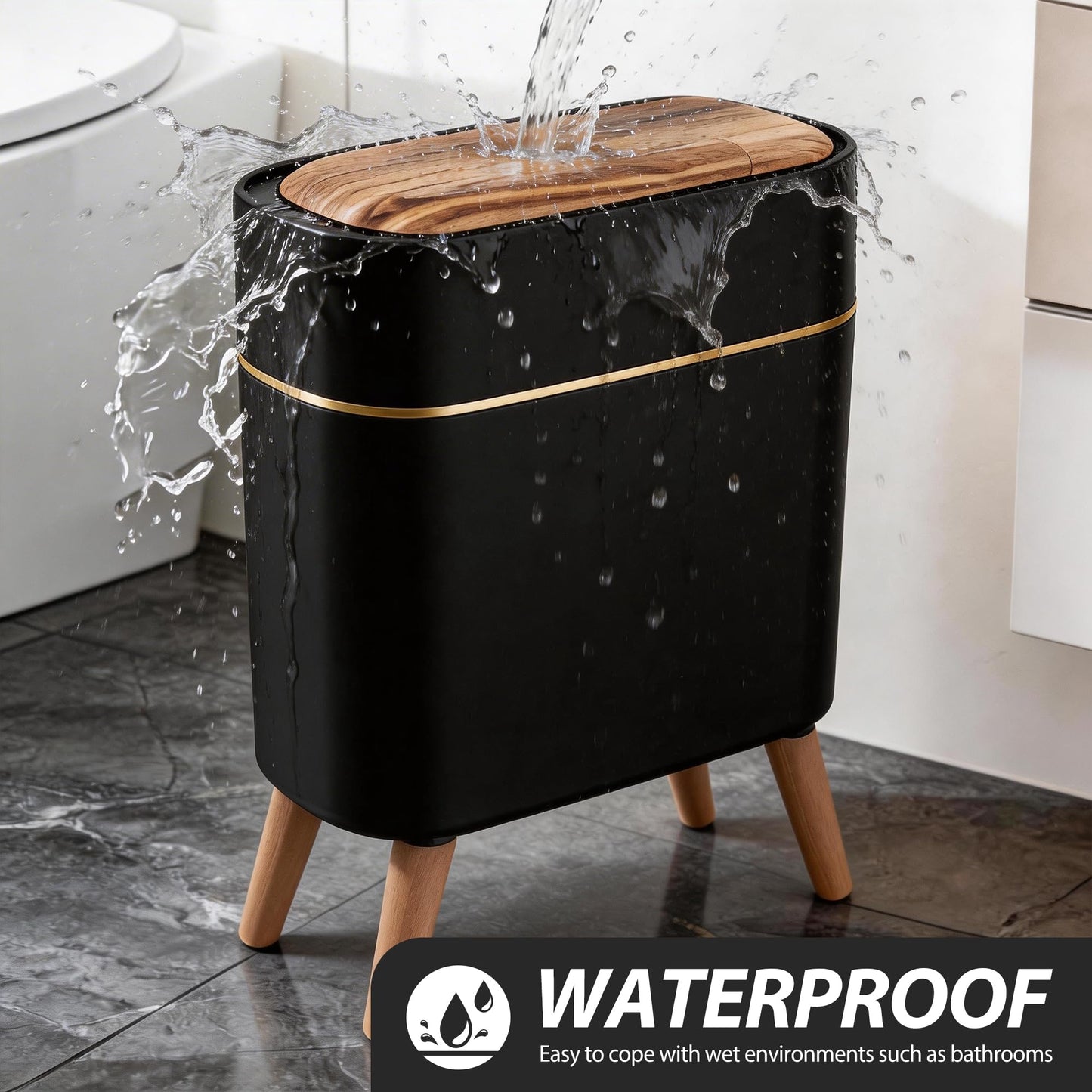 suyika Automatic Trash Can, 2.6 Gallon/10L Bathroom Trash Can with Lid - Wood Grain Lid and Legs, Touchless Waterproof Garbage Bin for Bedroom, Bathroom, Office, Living Room
