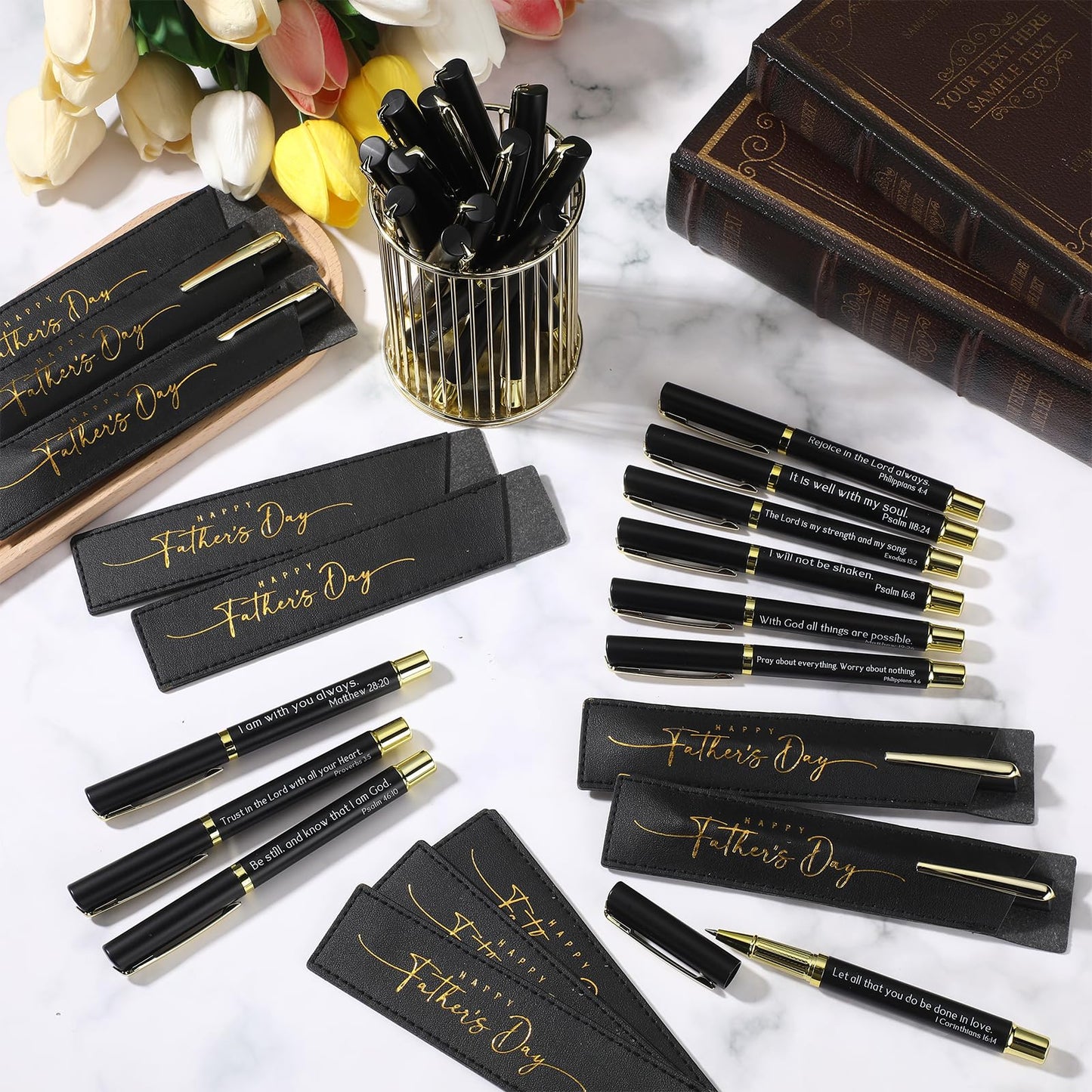 Spakon 40 Sets Father's Day Gifts Christian Pens Bible Verse Pens with Leather Pen Holder Sleeve Inspirational Quotes Religious Pen for Men Church Office Christian Faith Based Gifts