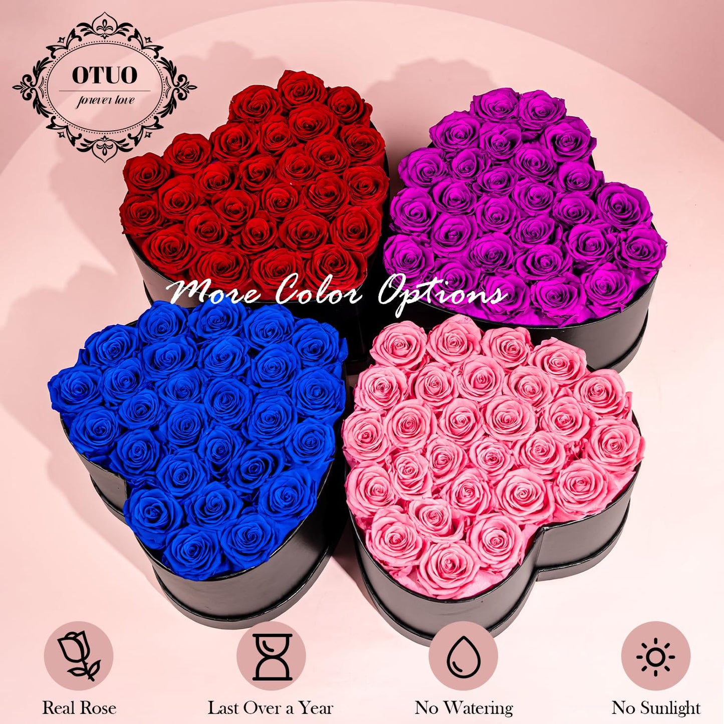 Otuo 27 Preserved Roses in Heart-Shaped Box, Flowers for Delivery Prime Last up 2 Years, Real Forever Flowers for Wife, Girlfriend, Mother, Eternal Roses for Anniversary - Pink
