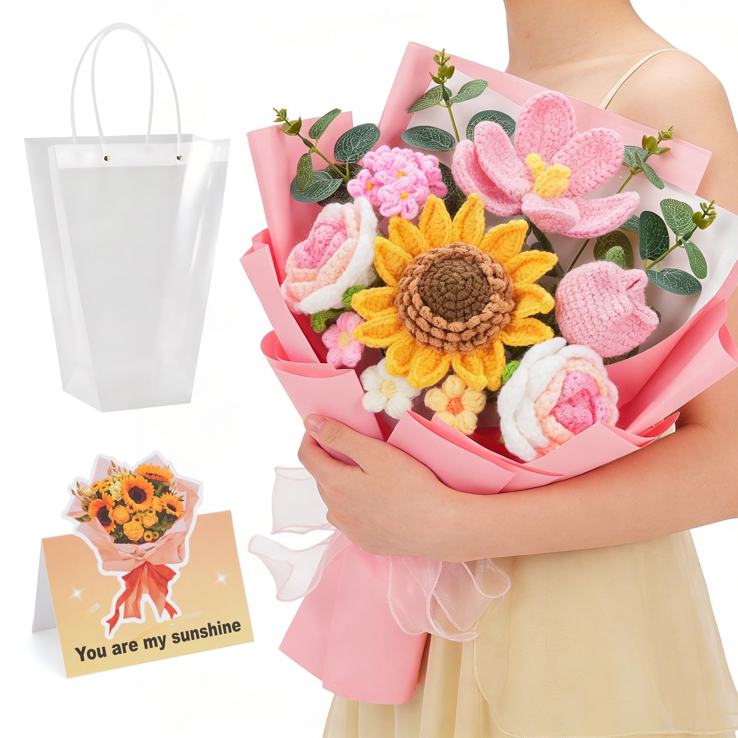 LETAAKA Crochet Flower Bouquet - Handmade Knitted Sunflower Crochet Flowers, Pink Crochet Bouquet Gift for Mom, Wife, Women, Mother's Day, Birthday, Graduation, Teacher Gifts with Gift Bag & Card