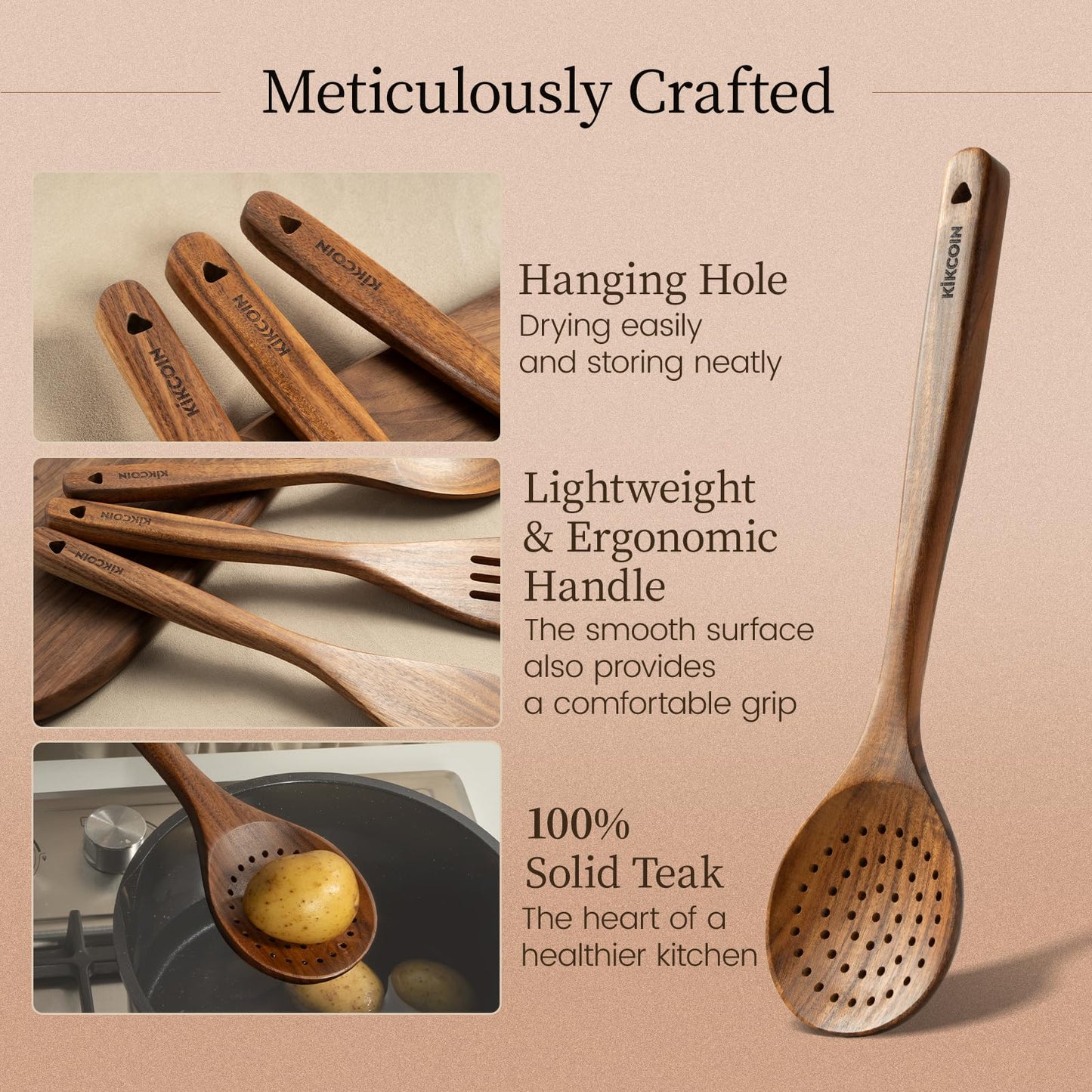 Kikcoin 7 PCS Durable Natural Teak Wooden Cooking Utensils Set, Non Toxic Wooden Spoons for Cooking, Wooden Utensil Set for Cooking with Comfort Grip, Nonstick & Easy to Clean Wood Kitchen Utensil Set
