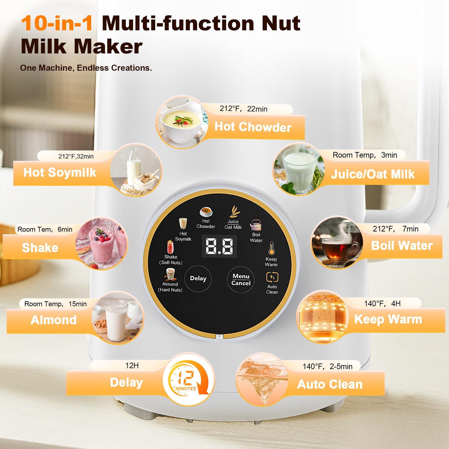 34oz Nut Milk Maker, 10 in 1 Automatic Nut Milk Maker, 304 stainless steel inner container with 10 Blades,Soy Milk Machine,Plant Based Milks Homemade Oat,Chowder,Juice,Almond Milk Machine