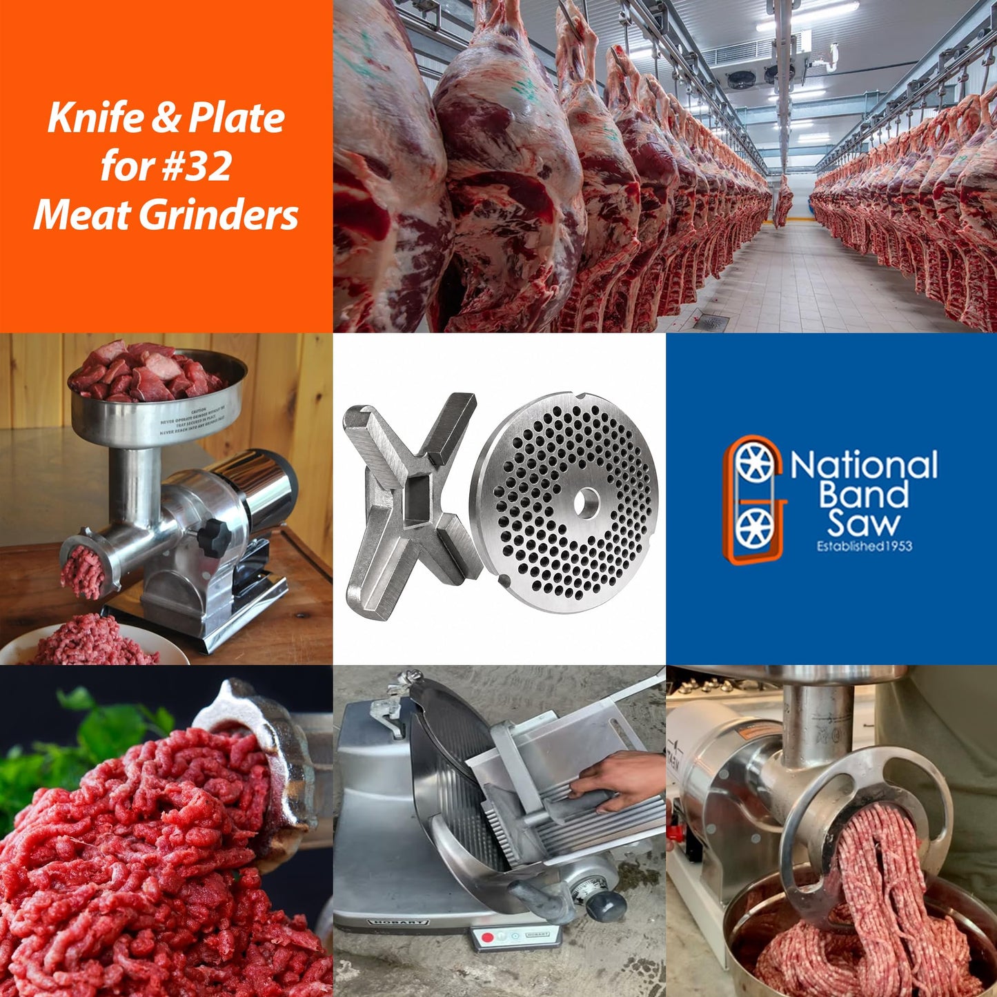 National Band Saw #32 Meat Grinder Plate and Knife Set – Compatible with Hobart, Biro, Enterprise, LEM, Tor Rey, and More – 3/16 Inch Hole Plate, Raised Edge Knife for Commercial Grinding Equipment