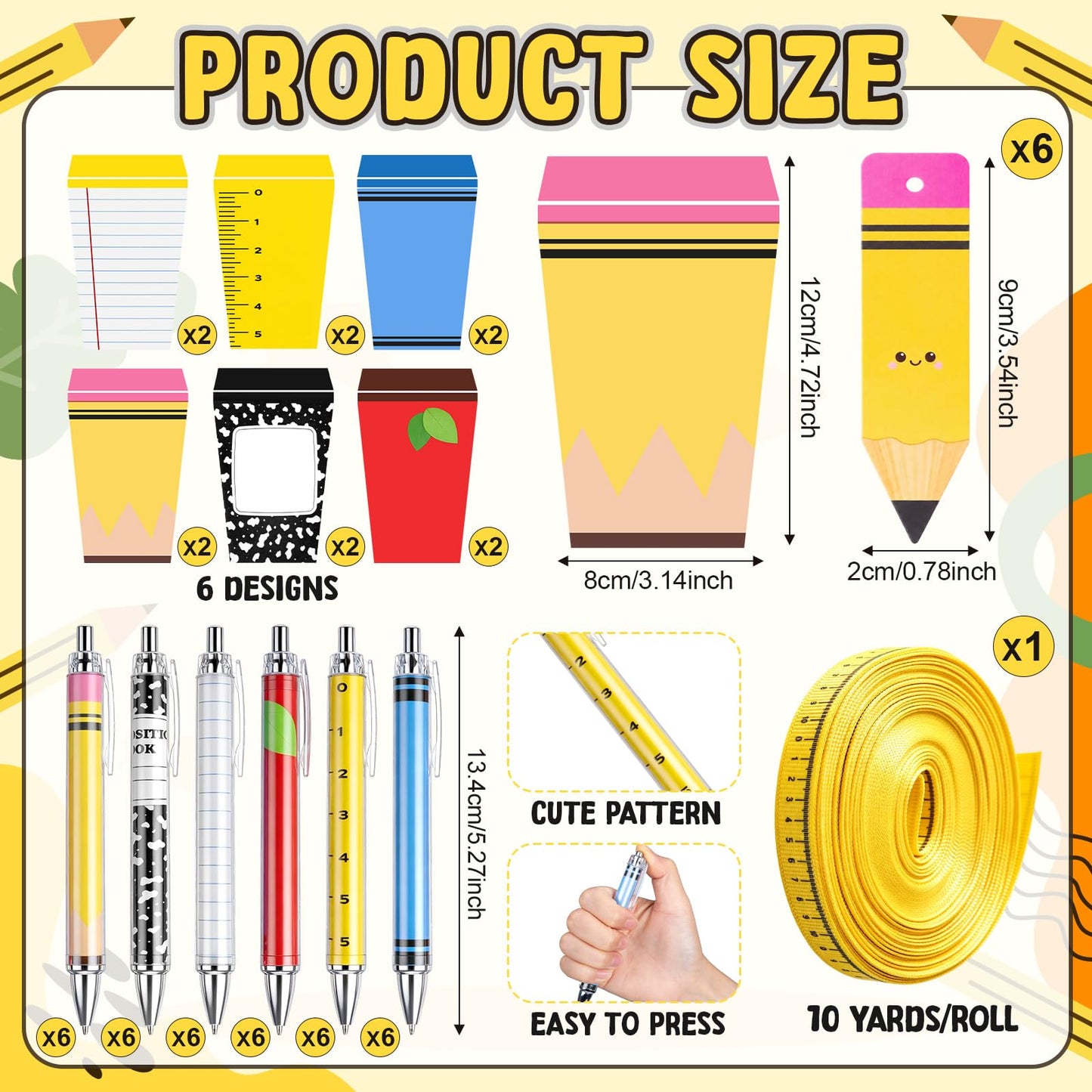 Landhoow 6 Sets Teacher Appreciation Gifts Hard Sided Clear Zipper Case Scroll Pen Sticky Notes Double-Sided Hang Tag Ribbon Measuring Tape for Back to School Gifts Graduation Party Favors