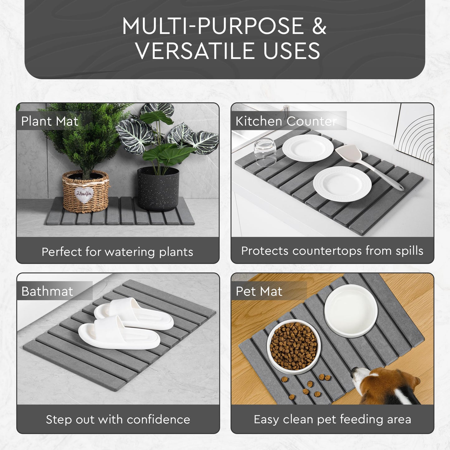 Foldable Stone Bath Mat | 23.6" x 15.4" Diatomaceous Earth Bath Mat with Anti-Slip Rubber Backing | Absorbent Bathroom Mat | Non Slip & Fast Drying Diatomite Stone Mat for Bathroom | Dark Grey