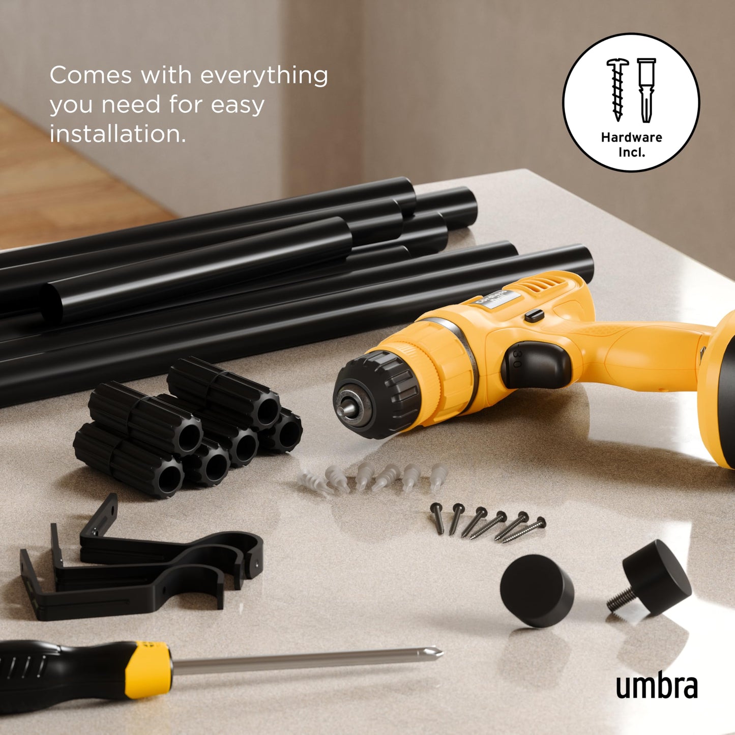 Umbra Cappa Curtain Rod, Includes 2 Matching Finials, Brackets & Hardware, 16 to 120-Inches, Black