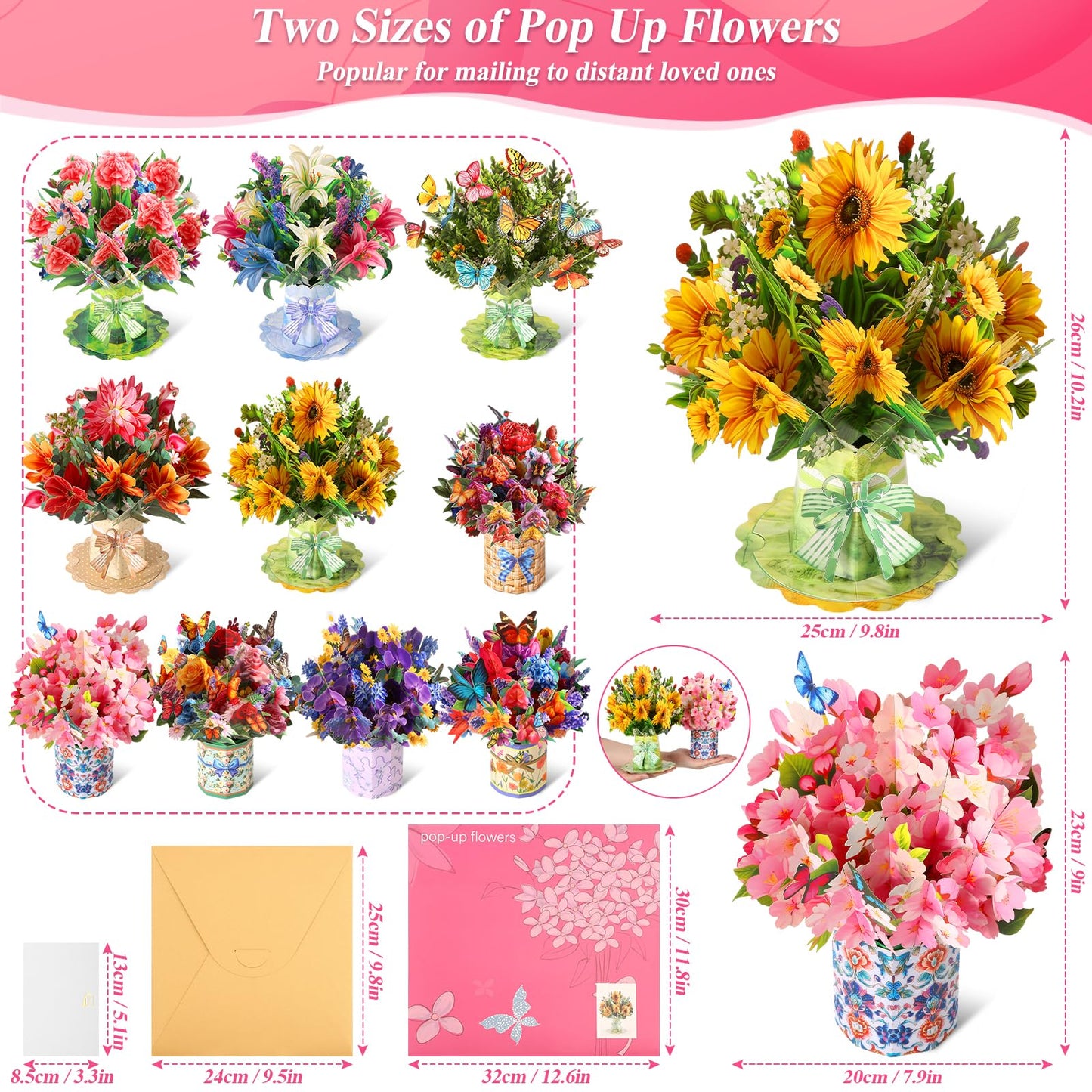 ROADPLUM 10 Pack 3D Pop Up Flower Bouquet Greeting Cards with Envelopes & Message Notes, Paper Flower Cards for Mother's Day, Birthday, Graduation, Anniversary, Congratulations, Get Well Gift