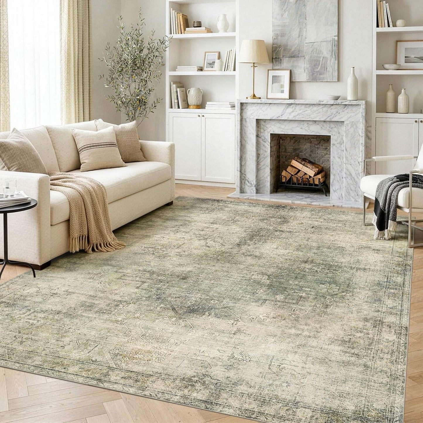 OHWPEAT Green Area Rugs for Living Room, 6x9 Washable Rugs for Bedroom, Dining Room, Kitchen, Boho Indoor Soft Large Rug for Classroom, Playroom, Non Slip Low Pile Distressed Carpets for Dorm Office