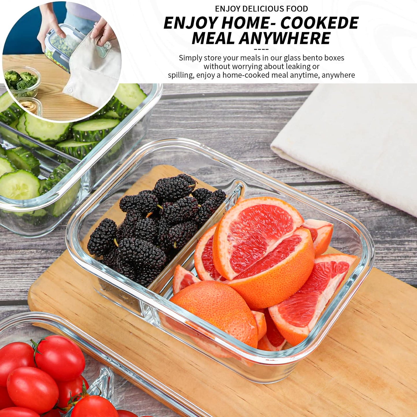 KOMUEE 10 Packs 30oz Glass Meal Prep Containers 2 Compartments,Glass Food Storage Containers with Lids,Airtight Lunch Bento Boxes,Microwave,Oven,Freezer and Dishwasher Safe